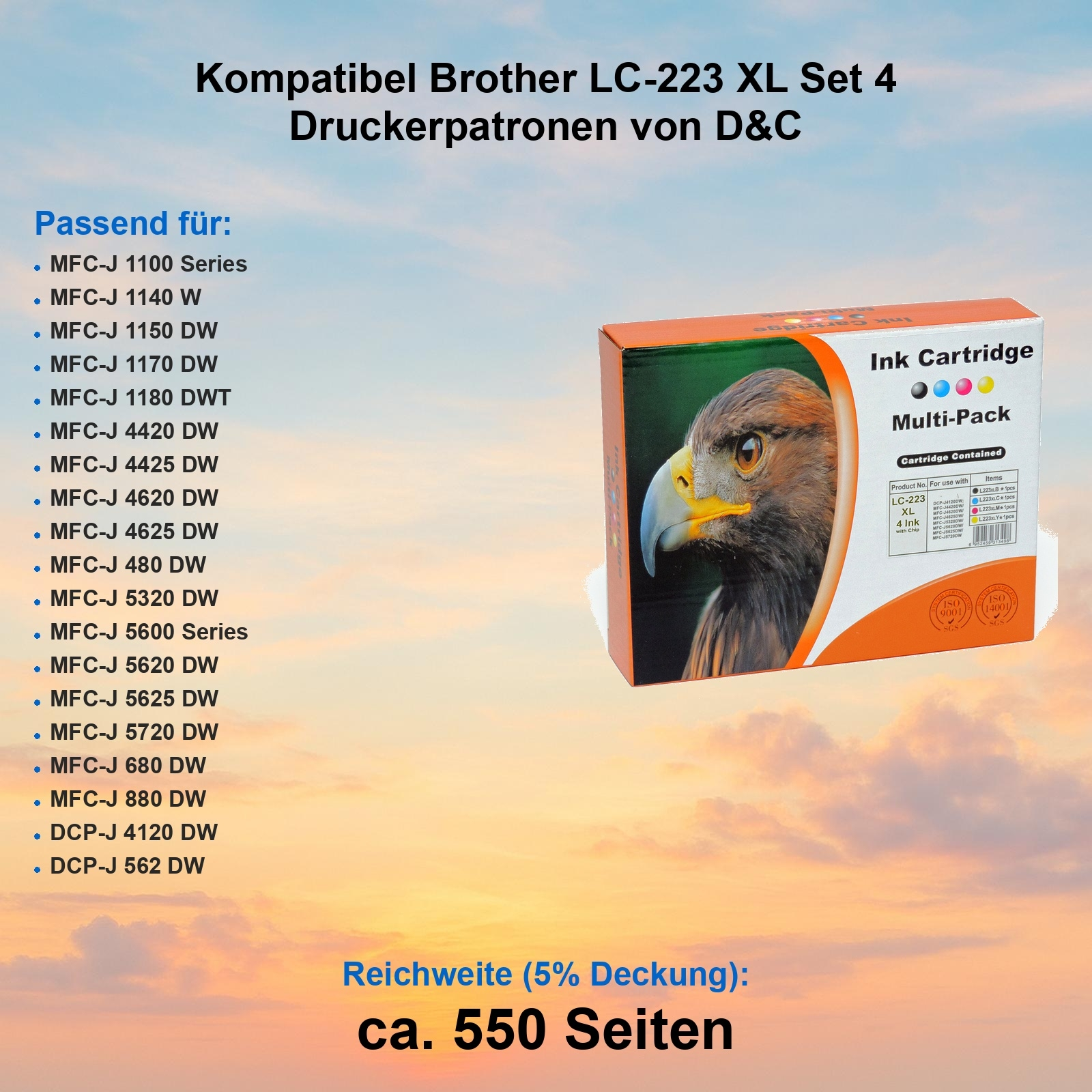 Schachtel mit Druckerpatronen, Adler-Illustration. Text: 'Ink Cartridge' und Kompatibilitätsdetails.