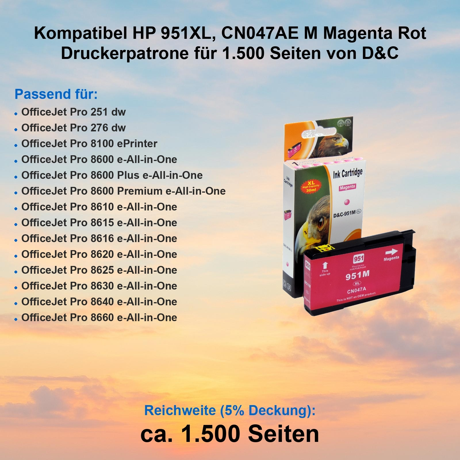 Tintenpatronenbox mit magenta Patrone. Text enthält Druckerkompatibilität und Seitenleistung.