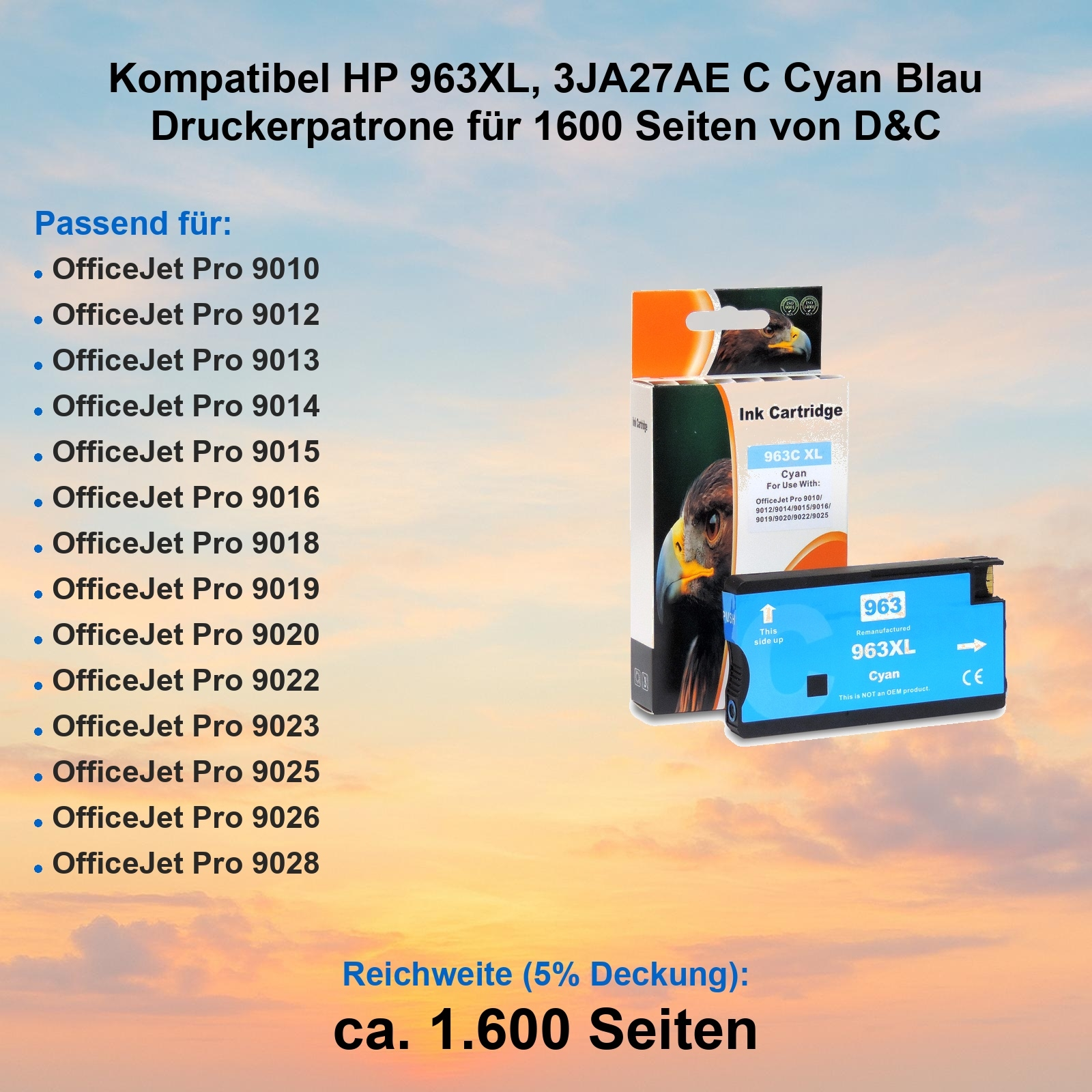 Das Bild zeigt eine cyanfarbene Tintenpatrone mit ihrer Verpackung. Der Text enthält '963XL' und 'Cyan'. Der Hintergrund ist ein Sonnenuntergang.