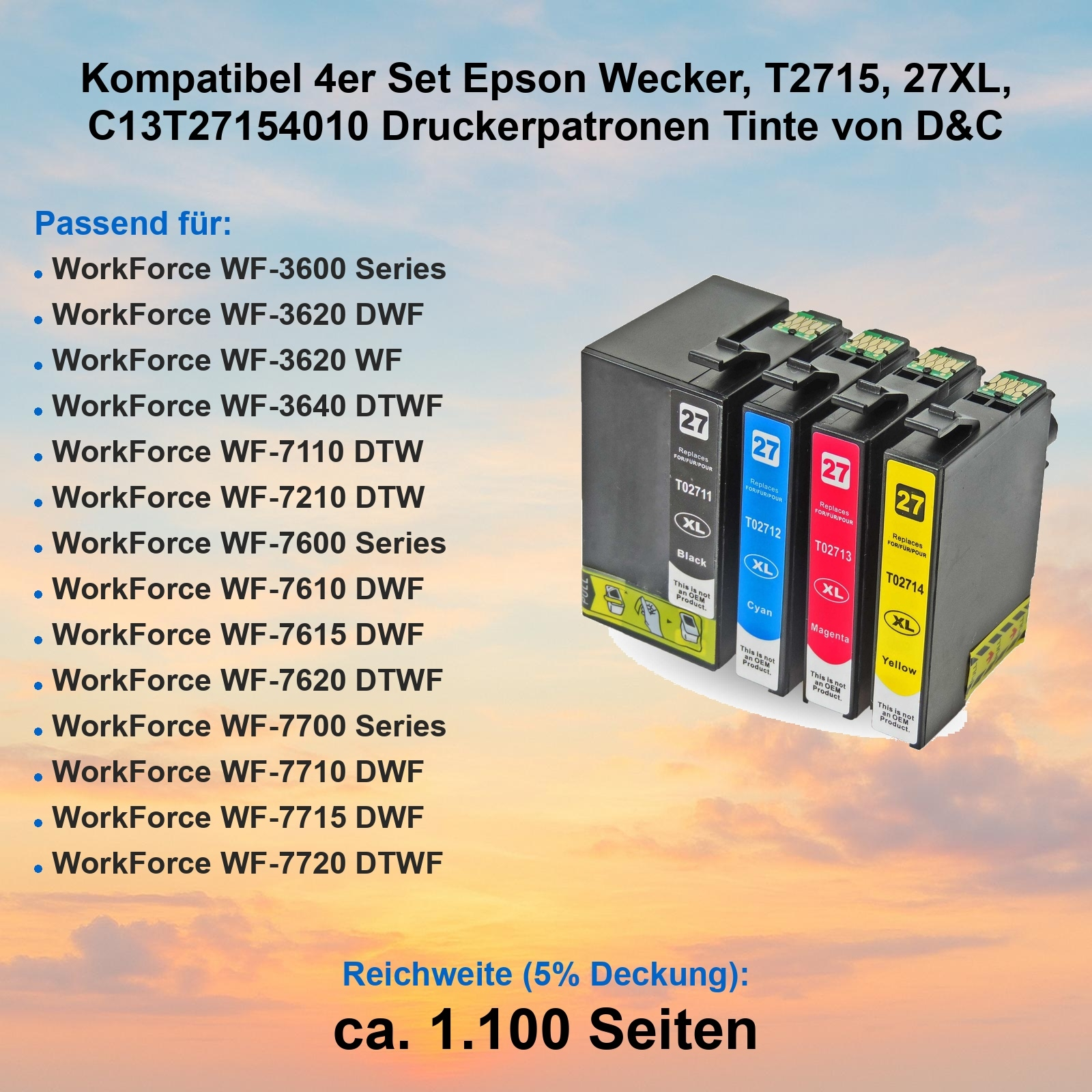 Das Bild zeigt einen Satz Epson-Tintenpatronen, beschriftet mit Schwarz, Cyan, Magenta und Gelb, mit Produktinformationen.