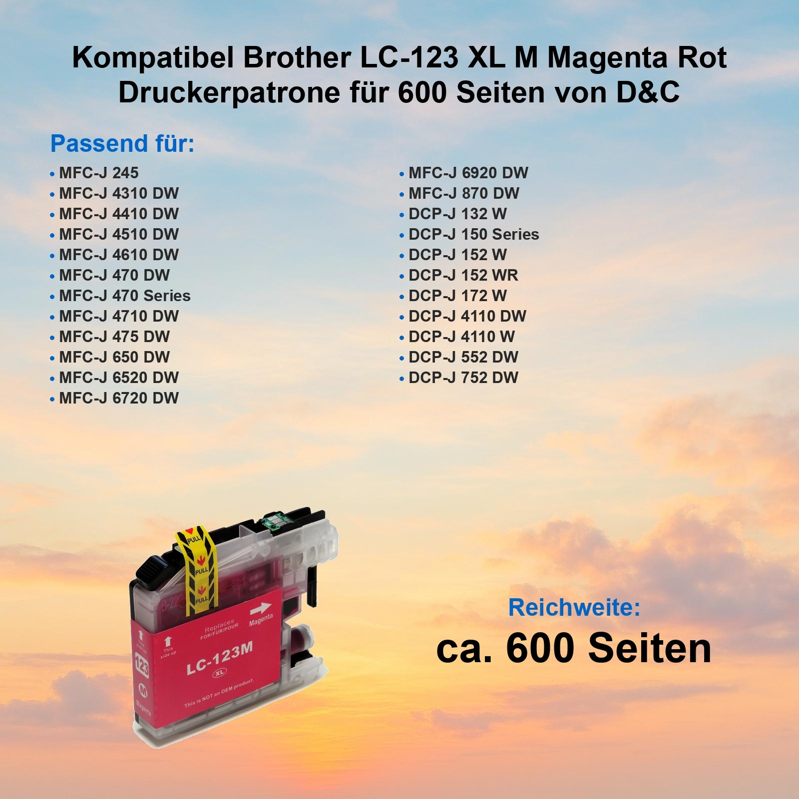Tintenpatrone mit Text und Produktdetails. Listet Druckermodelle und magenta Tinte. Himmel Hintergrund.