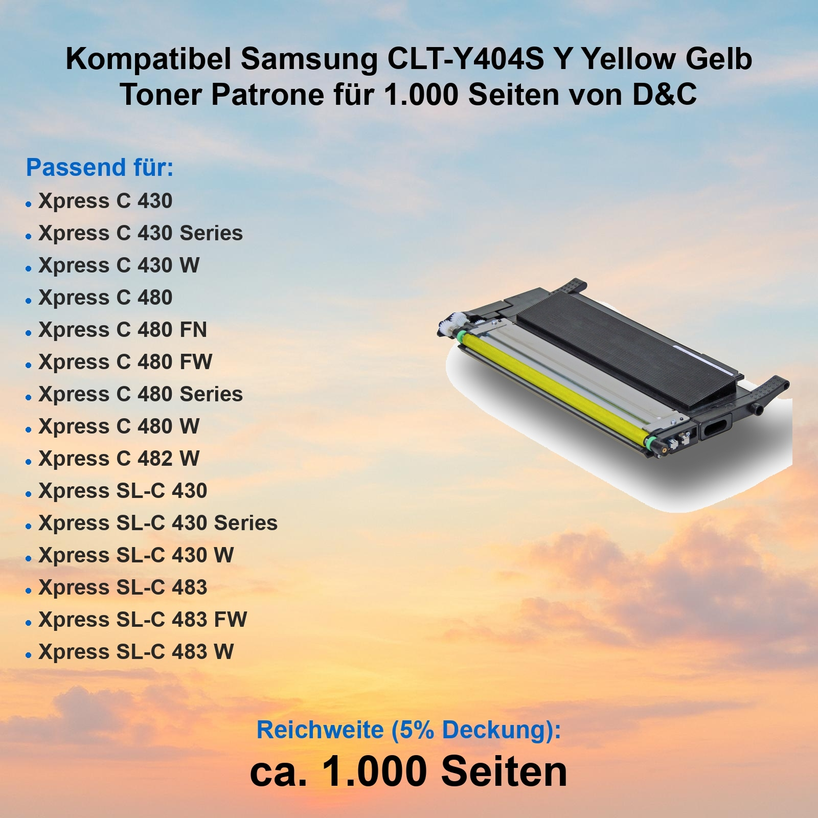 Eine gelbe Samsung-Tonerkartusche vor Sonnenuntergang. Textdetails zu kompatiblen Modellen und Seitenleistung.