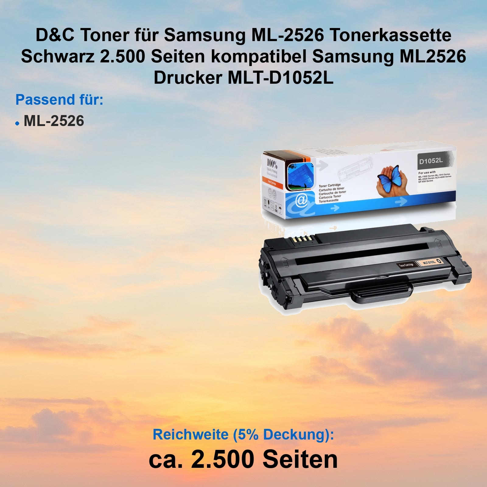 Tonerkartusche für Samsung ML-2526 Drucker. Enthält Patrone und Karton. Hintergrund ist ein Sonnenuntergang.