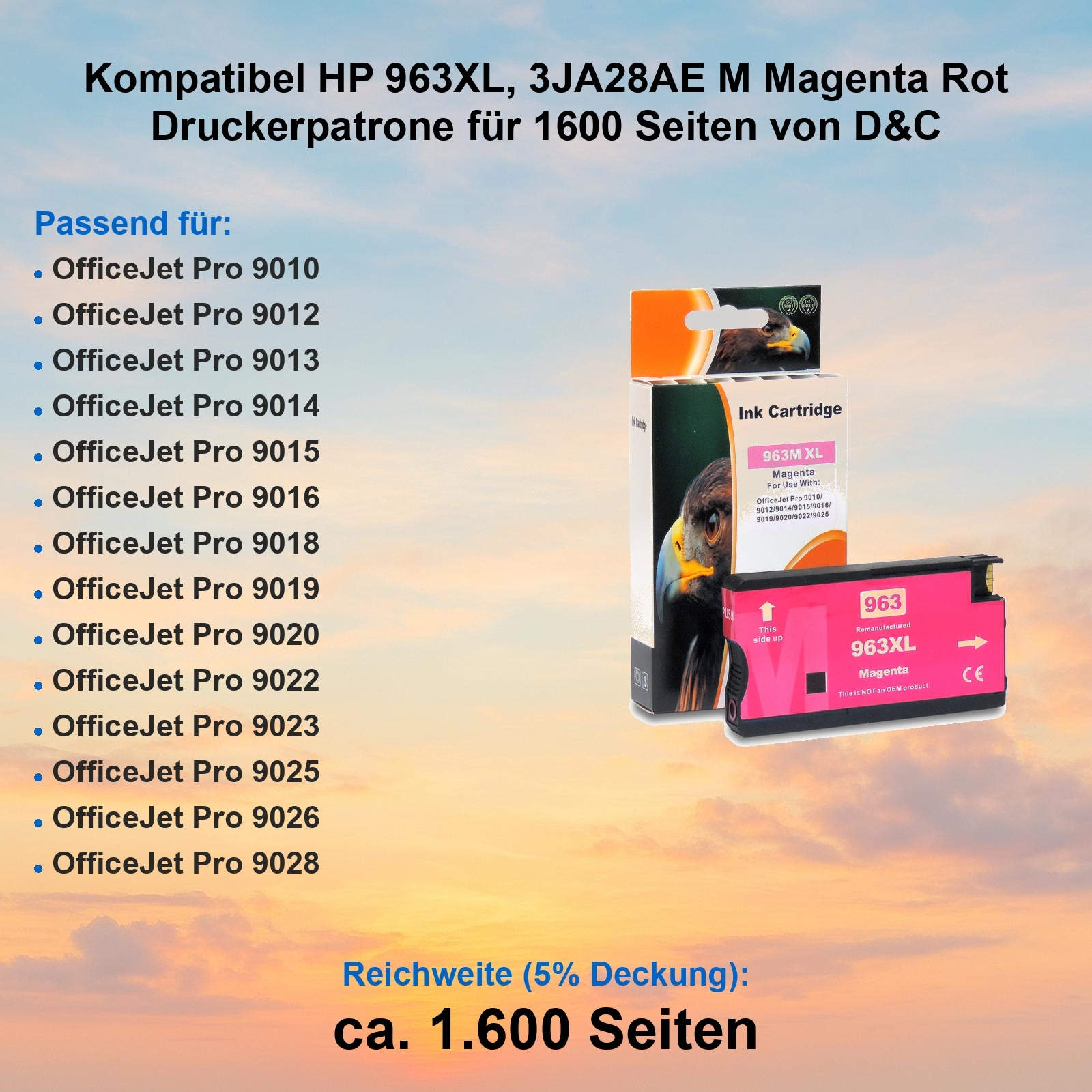 Eine magenta Tintenpatronenbox und -patrone werden zusammen mit einer Liste kompatibler Druckermodelle angezeigt.