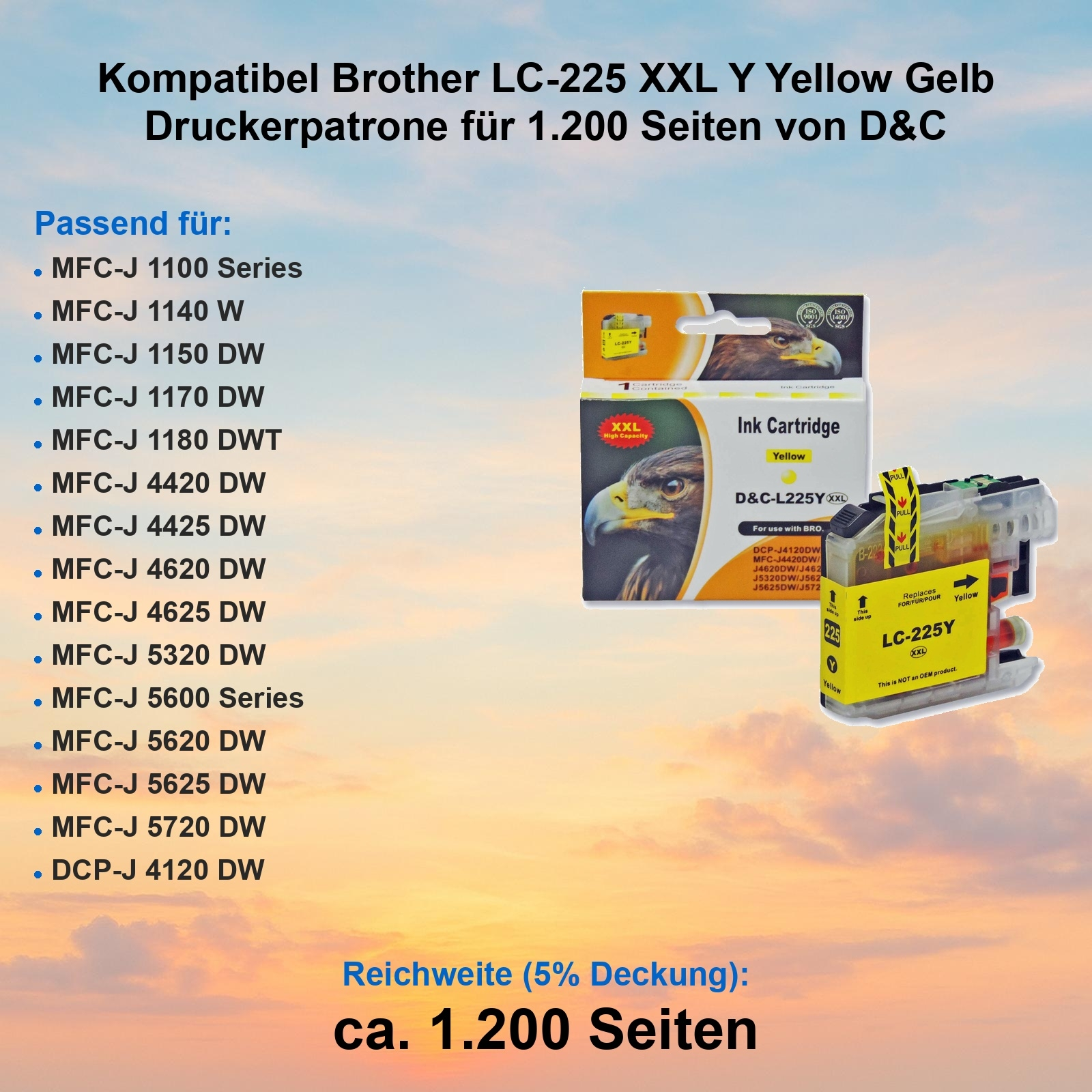 Das Bild zeigt eine gelbe Tintenpatrone, eine Produktverpackung und eine Liste kompatibler Brother-Druckermodelle.