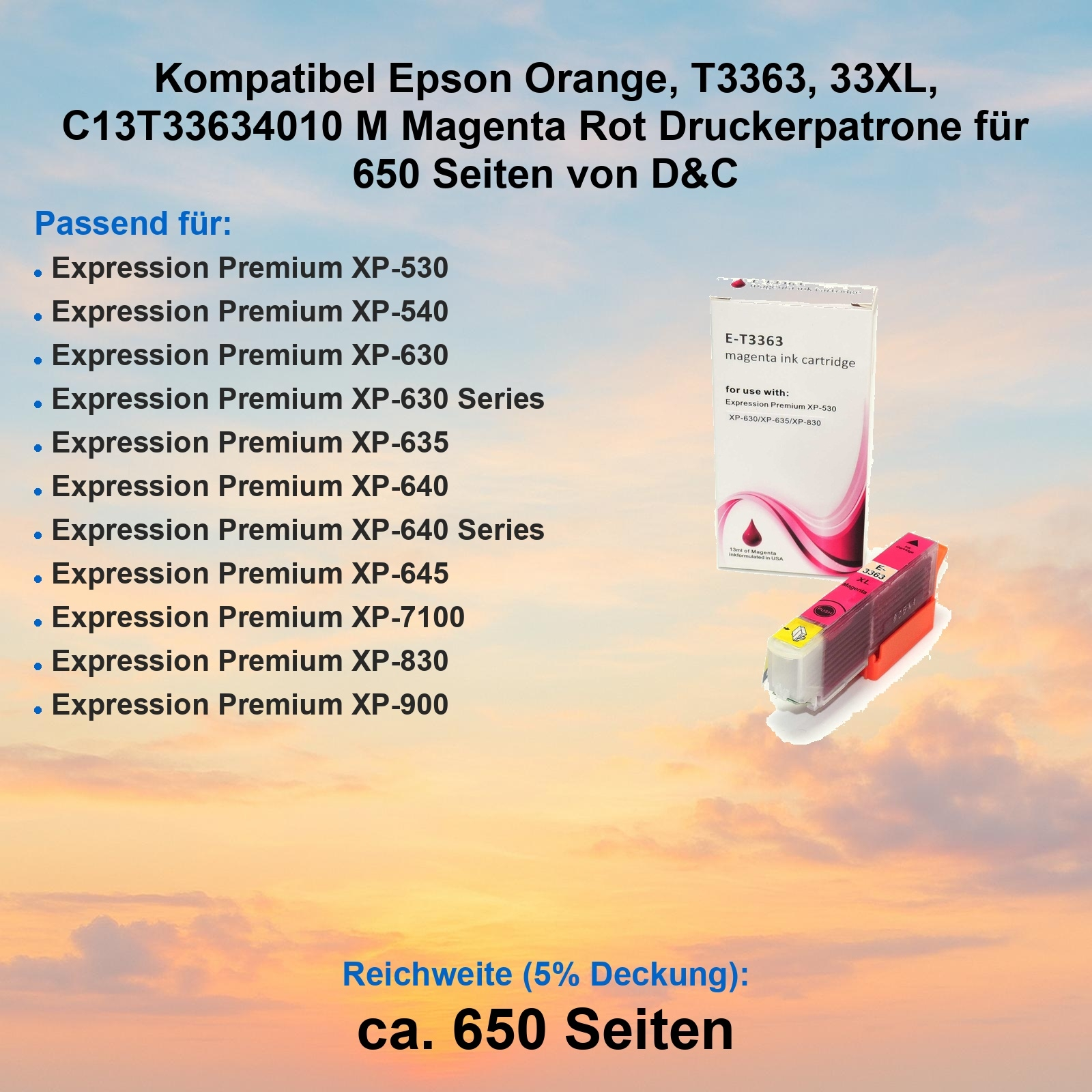 Das Bild zeigt eine Epson-Tintenpatronenbox und -patrone. Text listet Druckermodelle und Seitenergebnis auf.