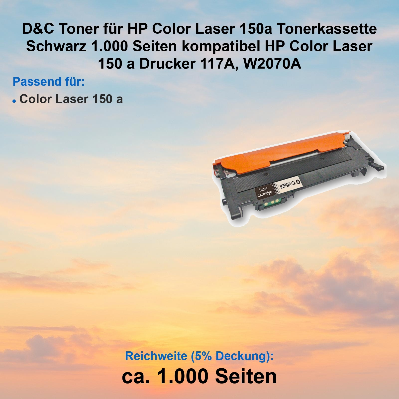 Eine orange-schwarze Tonerkartusche auf Himmelhintergrund mit Text zu Kompatibilität und Seitenzahl.