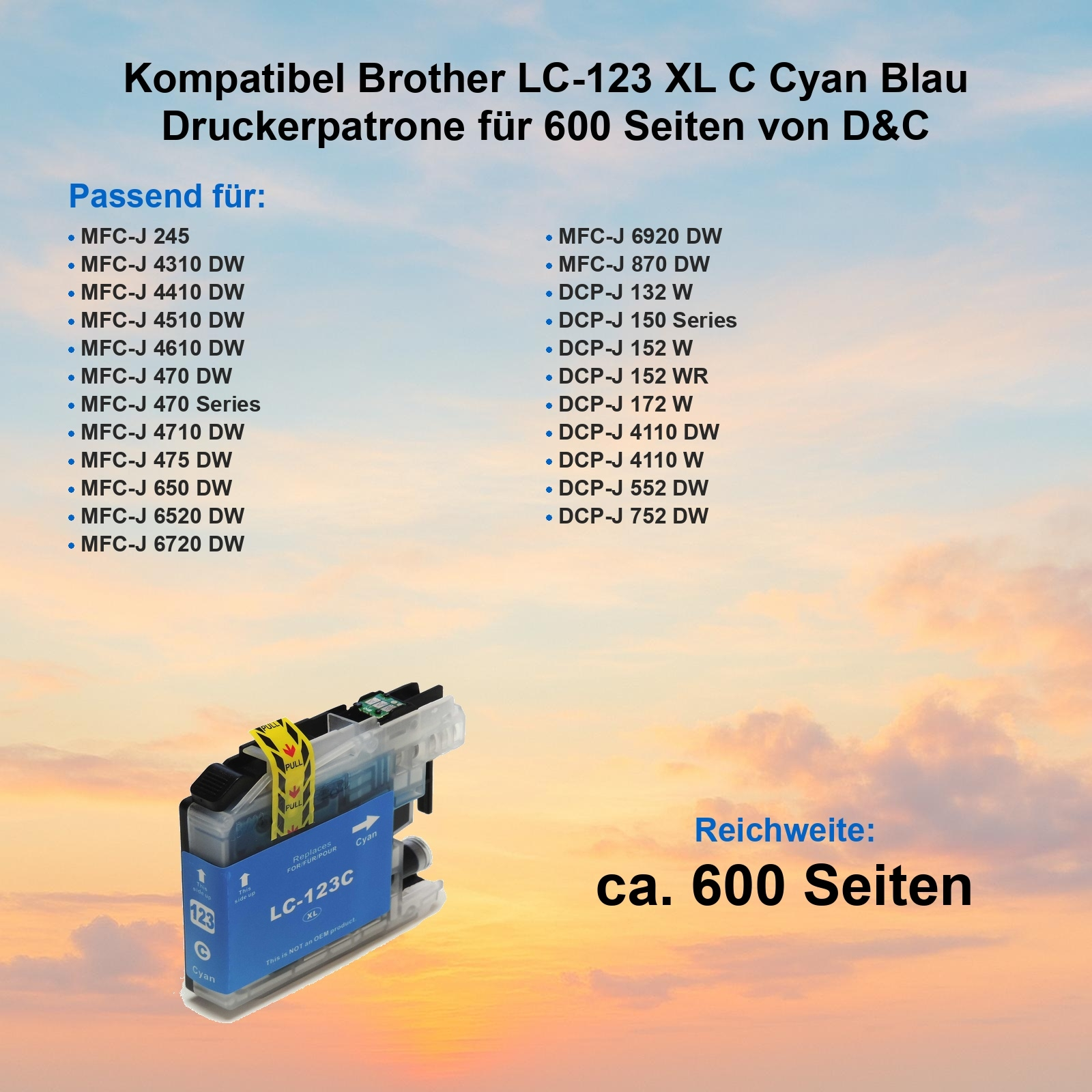 Cyan-Tintenpatrone mit Text und Liste der Druckermodelle, blaue und gelbe Etiketten und ein Himmelshintergrund.