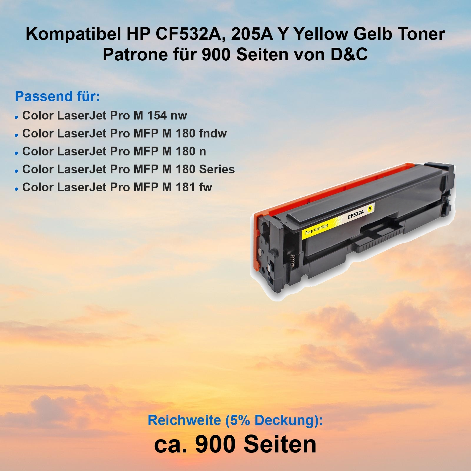 Das Bild zeigt eine gelbe Tonerkartusche mit Text, kompatibel mit HP-Druckern, mit einer Kapazität von 900 Seiten.