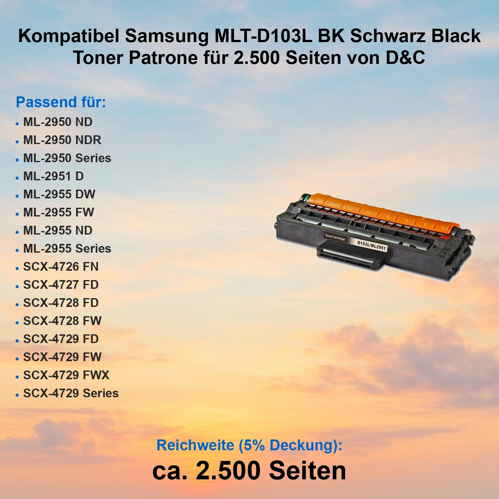 Schwarze Tonerkartusche für Samsung-Drucker. Orange und Schwarz. Text auf Deutsch. Wolkenhimmel im Hintergrund.