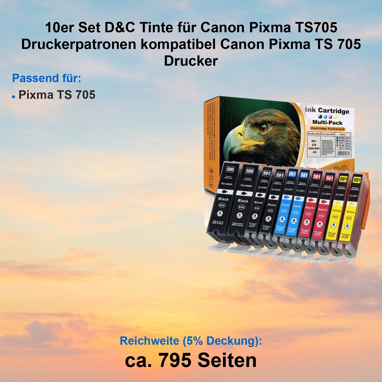 Das Bild zeigt eine Druckerpatronenpackung mit mehreren Patronen. Text auf Deutsch beschreibt Produkt und Druckerkompatibilität.