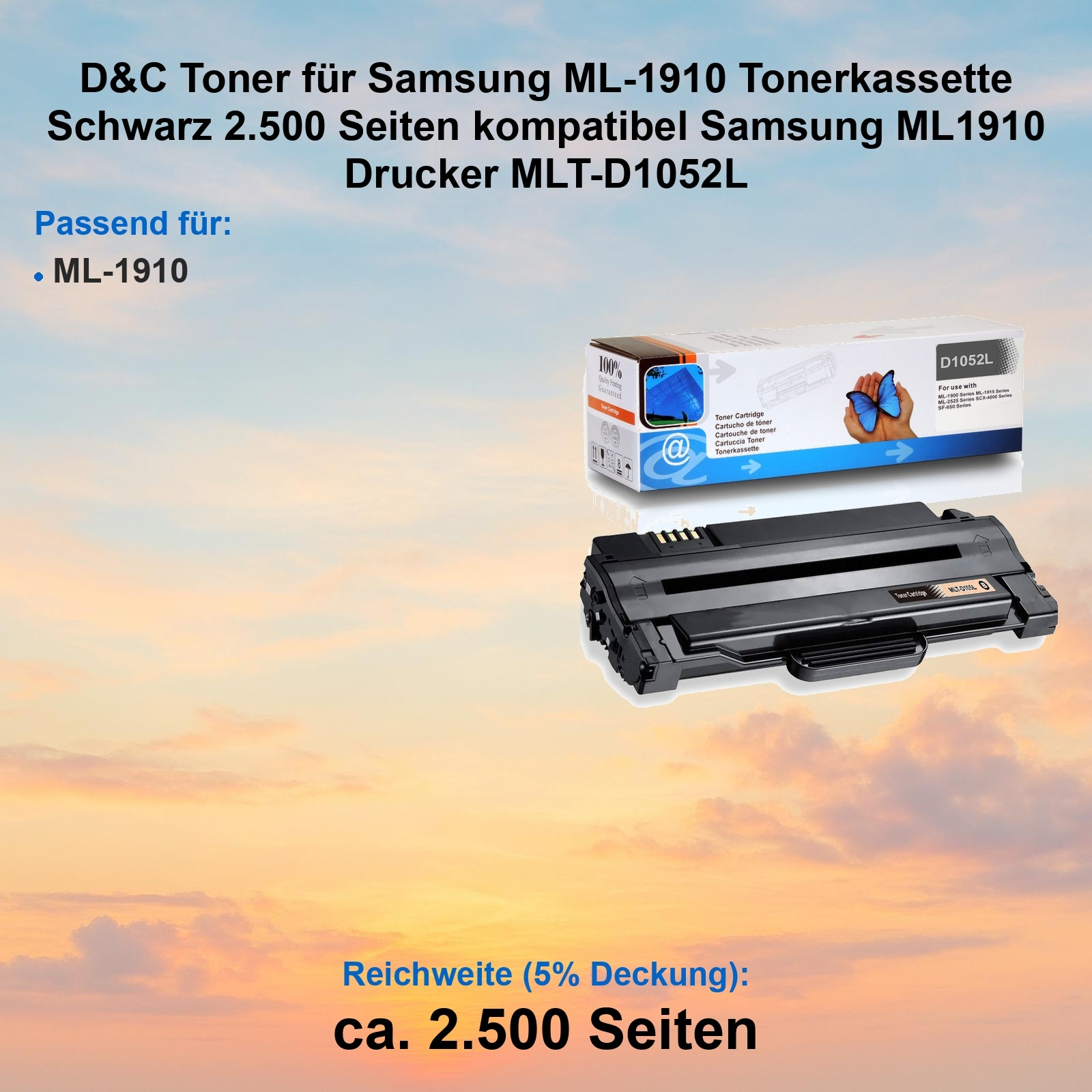 Tonerkassette für Samsung Drucker. Enthält eine Box und eine schwarze Tonerkassette. Himmel Hintergrund.