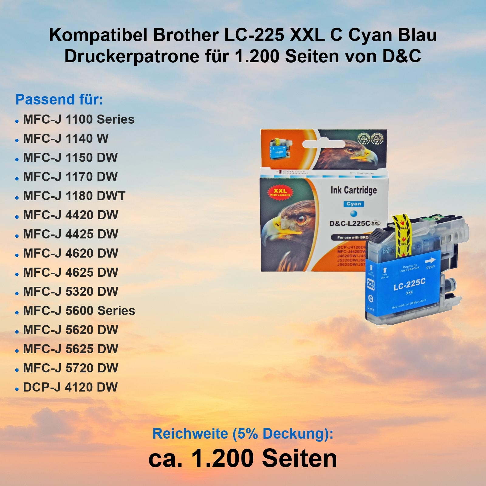 Tintenpatronenbox mit Produktdetails. Eine cyanfarbene Tintenpatrone ist sichtbar. Listet Druckermodelle und Seitenleistung.