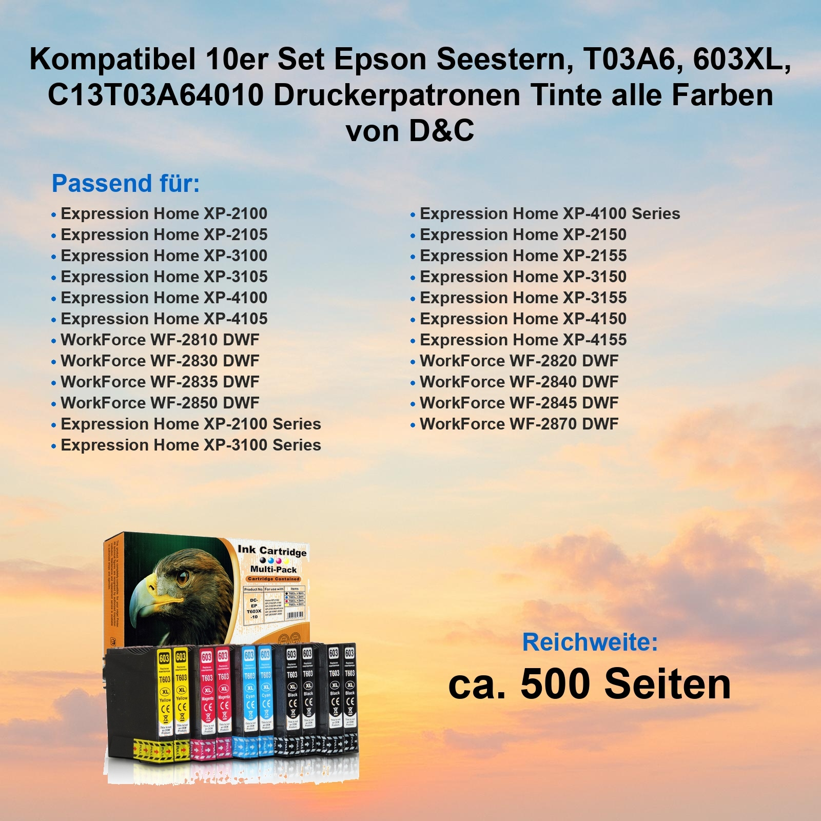 Produktbild mit Tintenpatronen im Multipack, mit einer Liste kompatibler Drucker und Produktdetails.