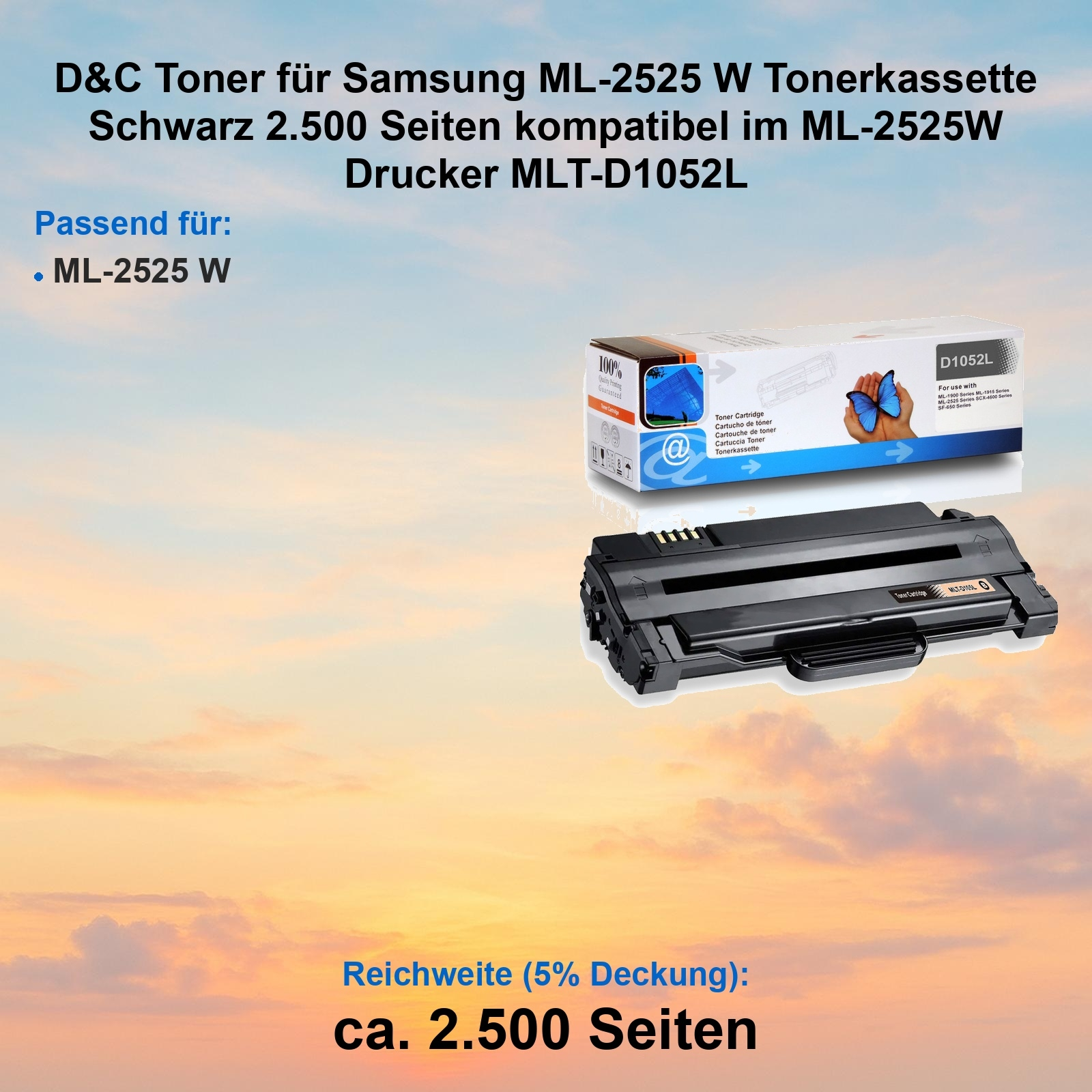 Tonerpatrone für Samsung-Drucker. Zeigt eine Schachtel mit einem Schmetterling und eine schwarze Tonerpatrone.