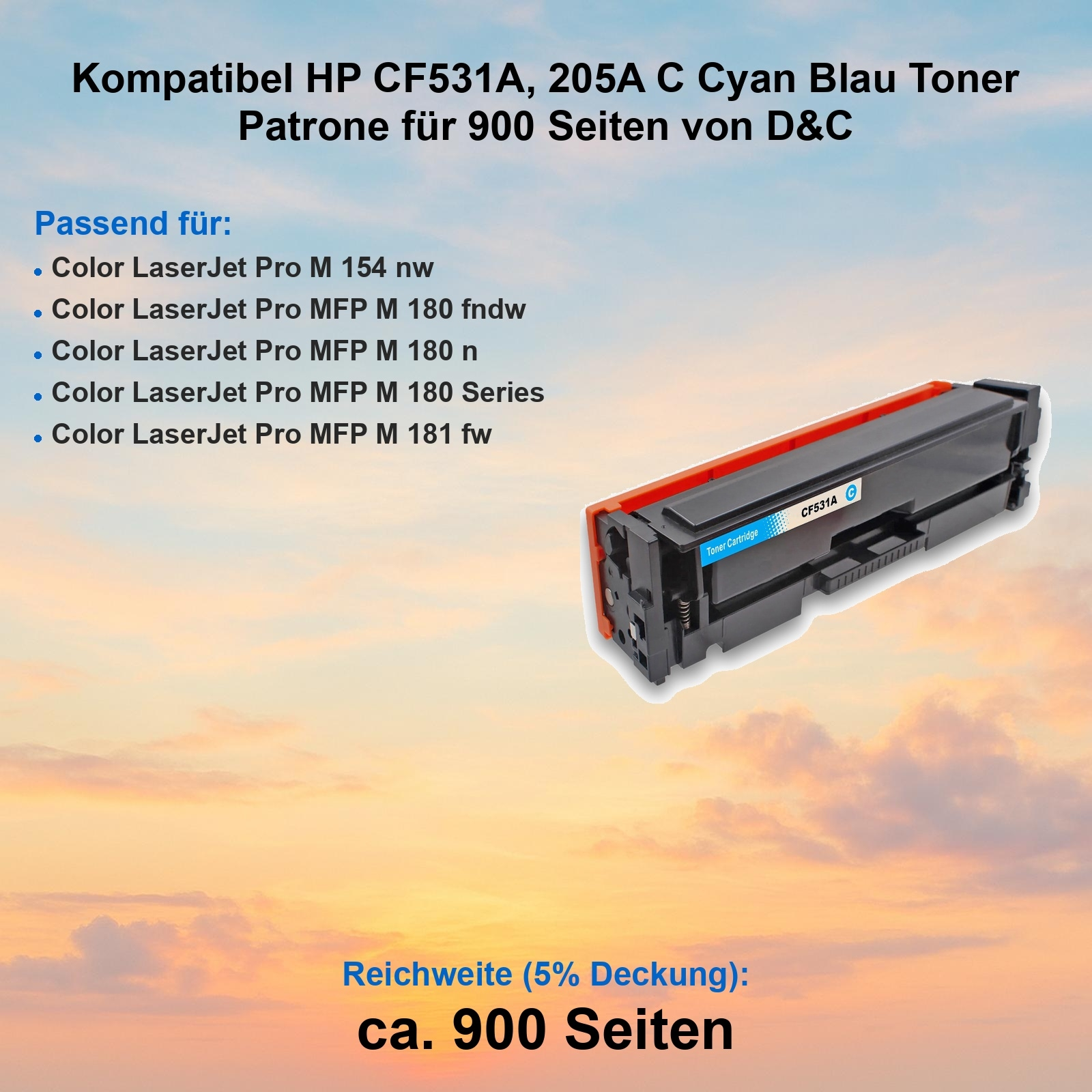 Eine Tonerkartusche mit rotem und schwarzem Design vor einem Sonnenuntergang. Text listet kompatible Drucker und Seitenzahl auf.