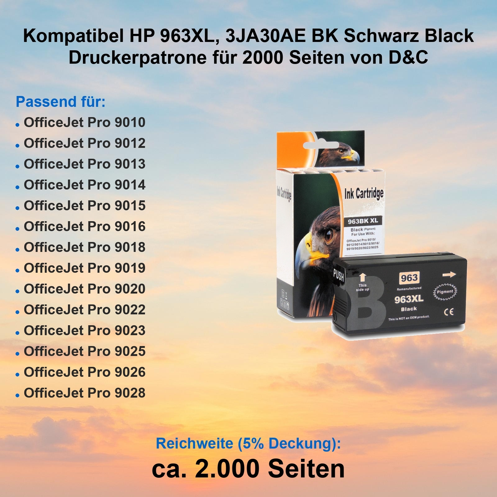 Schwarze Tintenpatrone für HP-Drucker. Die Verpackung zeigt ein Falkenbild. Text enthält Druckermodelle und Seitenzahl.