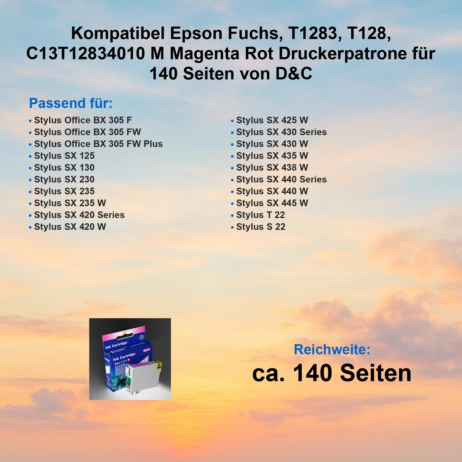 Das Bild zeigt eine Tintenpatronenbox mit Produktdetails und einer Liste kompatibler Druckermodelle.