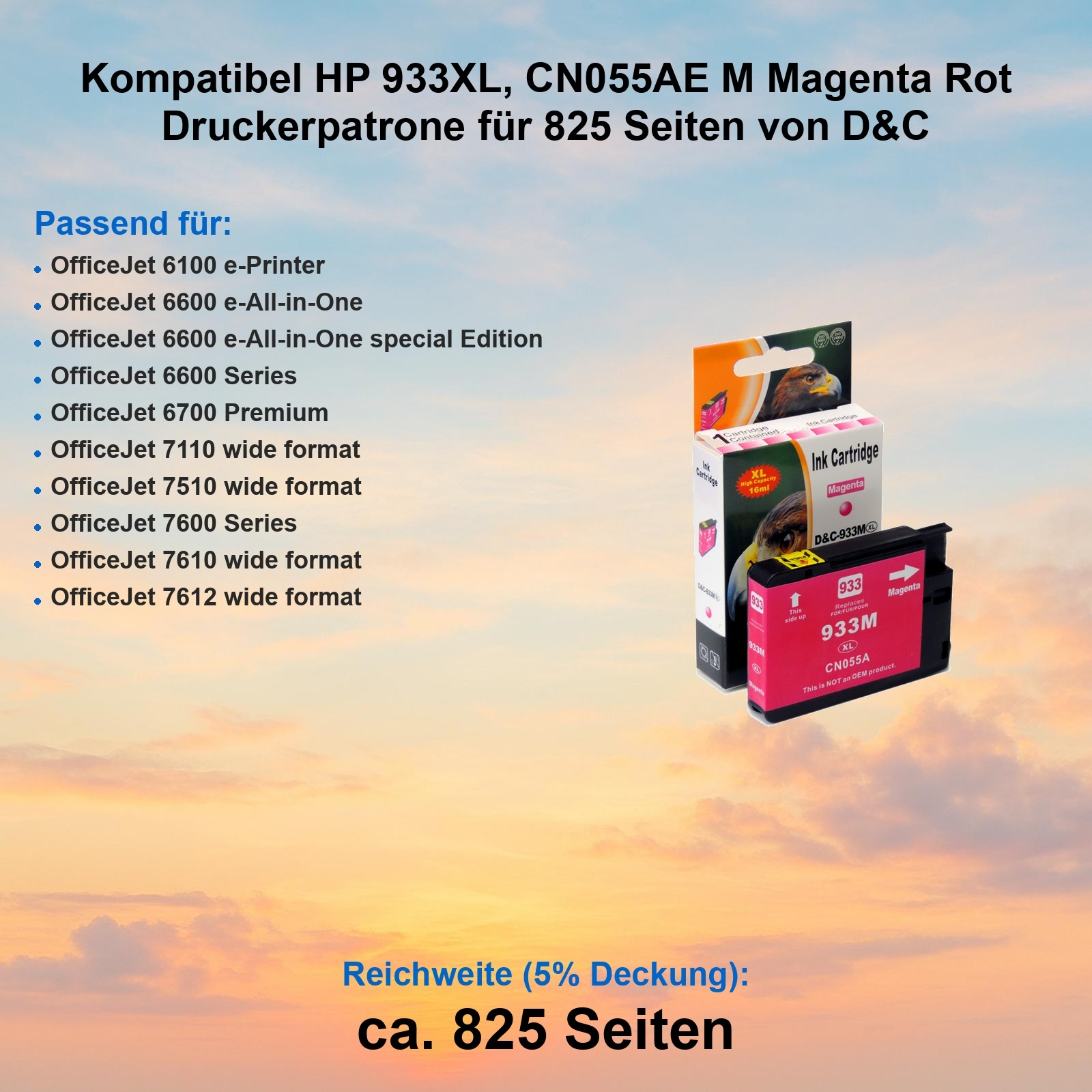 Das Bild zeigt eine magenta Tintenpatrone mit Produktdetails und eine Liste kompatibler Drucker.