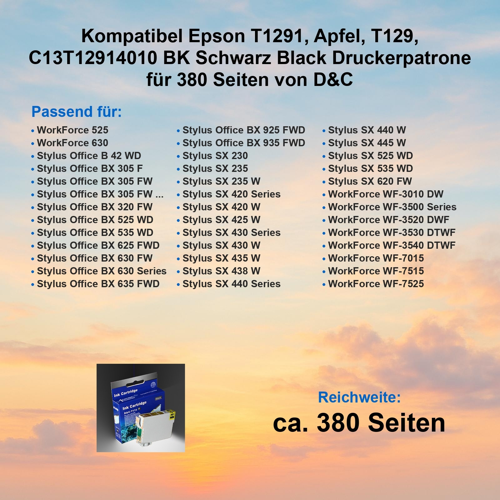 Das Bild zeigt Details zur Druckerpatrone, Kompatibilitätslisten und eine Reichweite von ca. 380 Seiten. Farben sind Blau, Schwarz und Weiß.