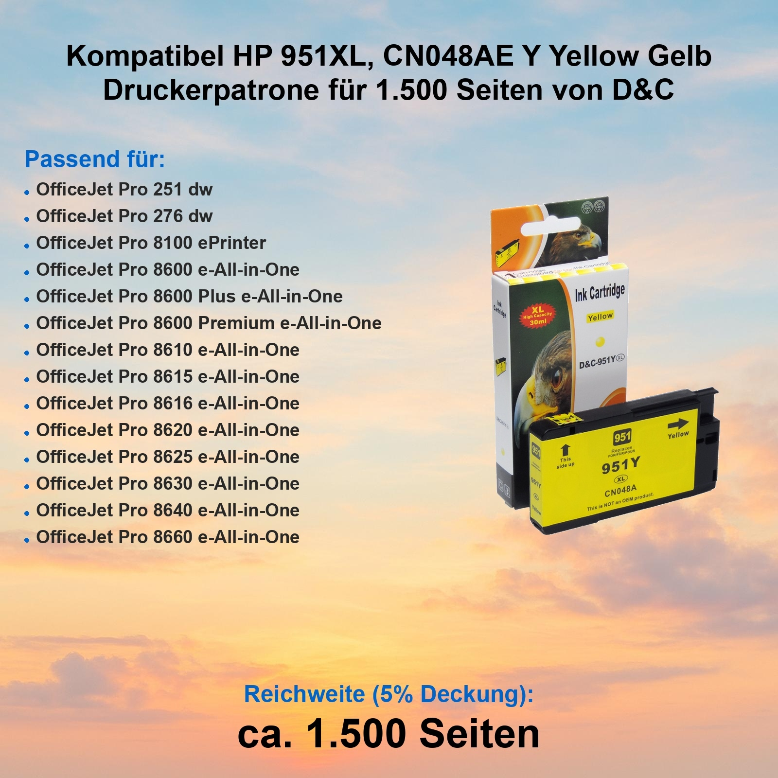 Gelbe Tintenpatronenbox mit Text. Liste kompatibler Drucker. Tintenpatrone sichtbar.