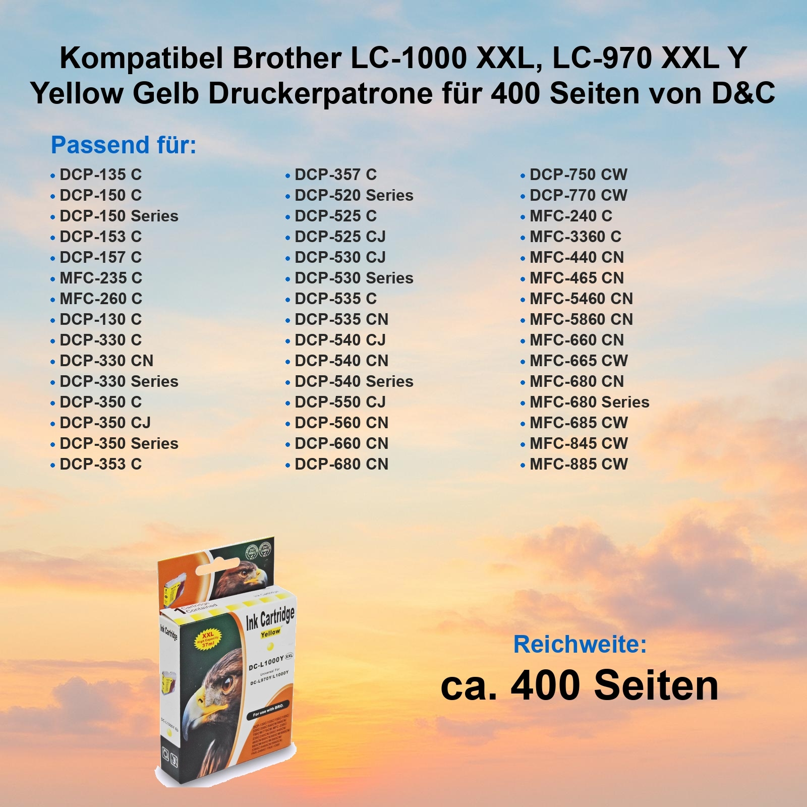 Eine Tintenpatronenbox mit gelbem Etikett. Deutscher Text listet kompatible Druckermodelle und Seitenausbeute.
