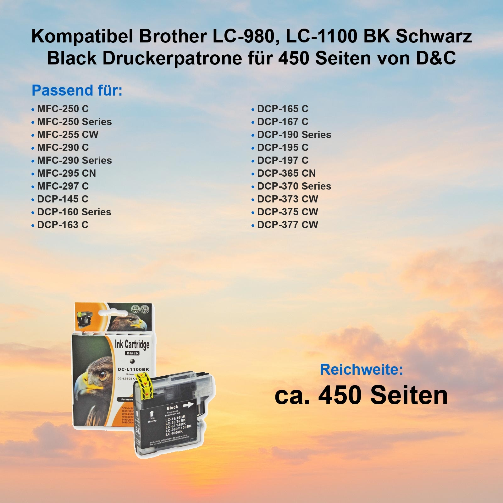 Werbung für eine schwarze Tintenpatrone mit Produktdetails und Kompatibilitätsinformationen vor einem Farbverlauf.