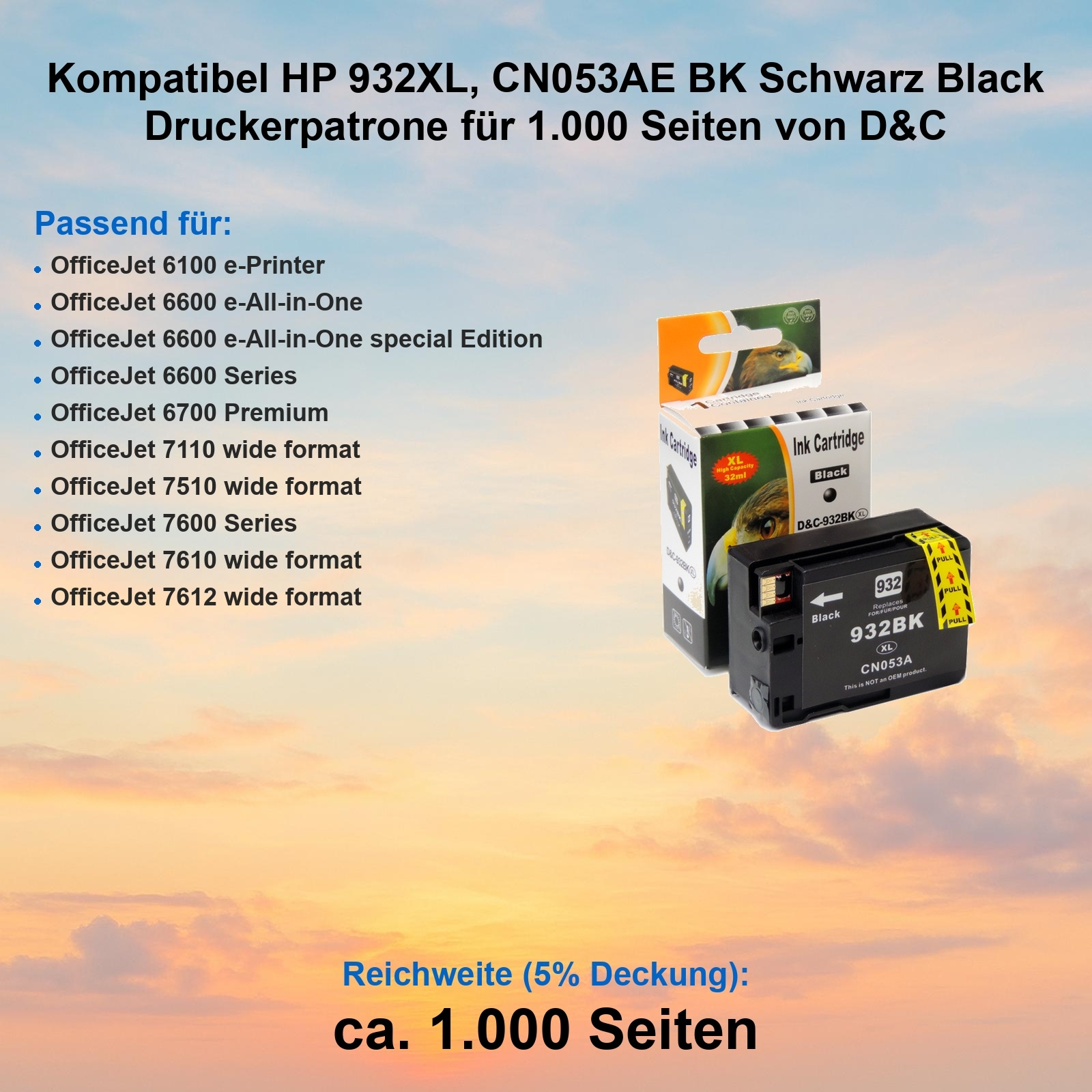 Das Bild zeigt eine schwarze Tintenpatrone und eine Schachtel mit deutschem Text. Es ist für HP 932XL-Drucker.