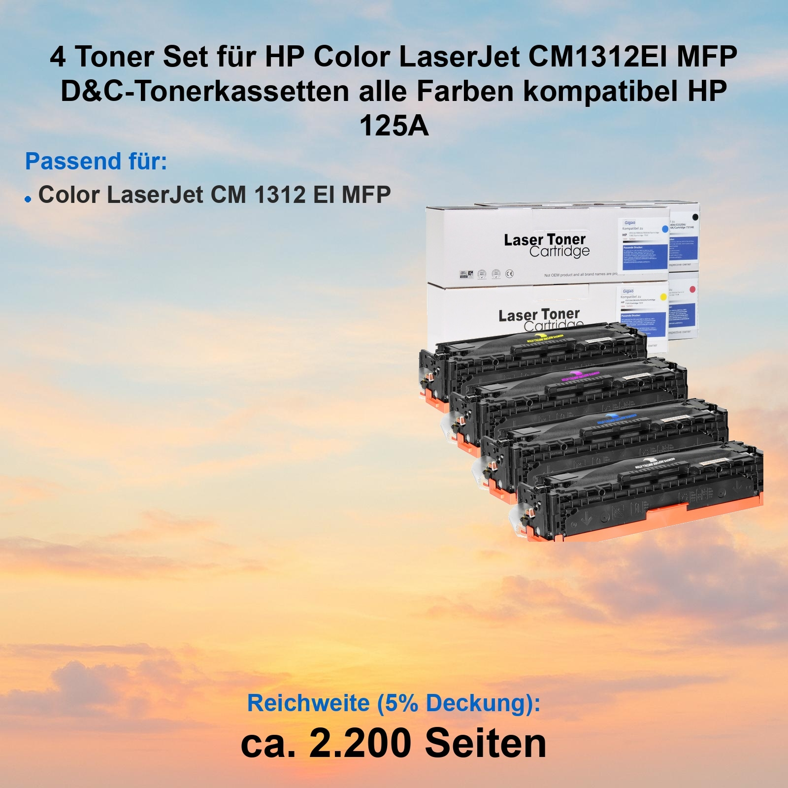 Tonerkartuschen-Set für HP-Drucker. Enthält schwarze, gelbe, magenta- und cyanfarbene Kartuschen.