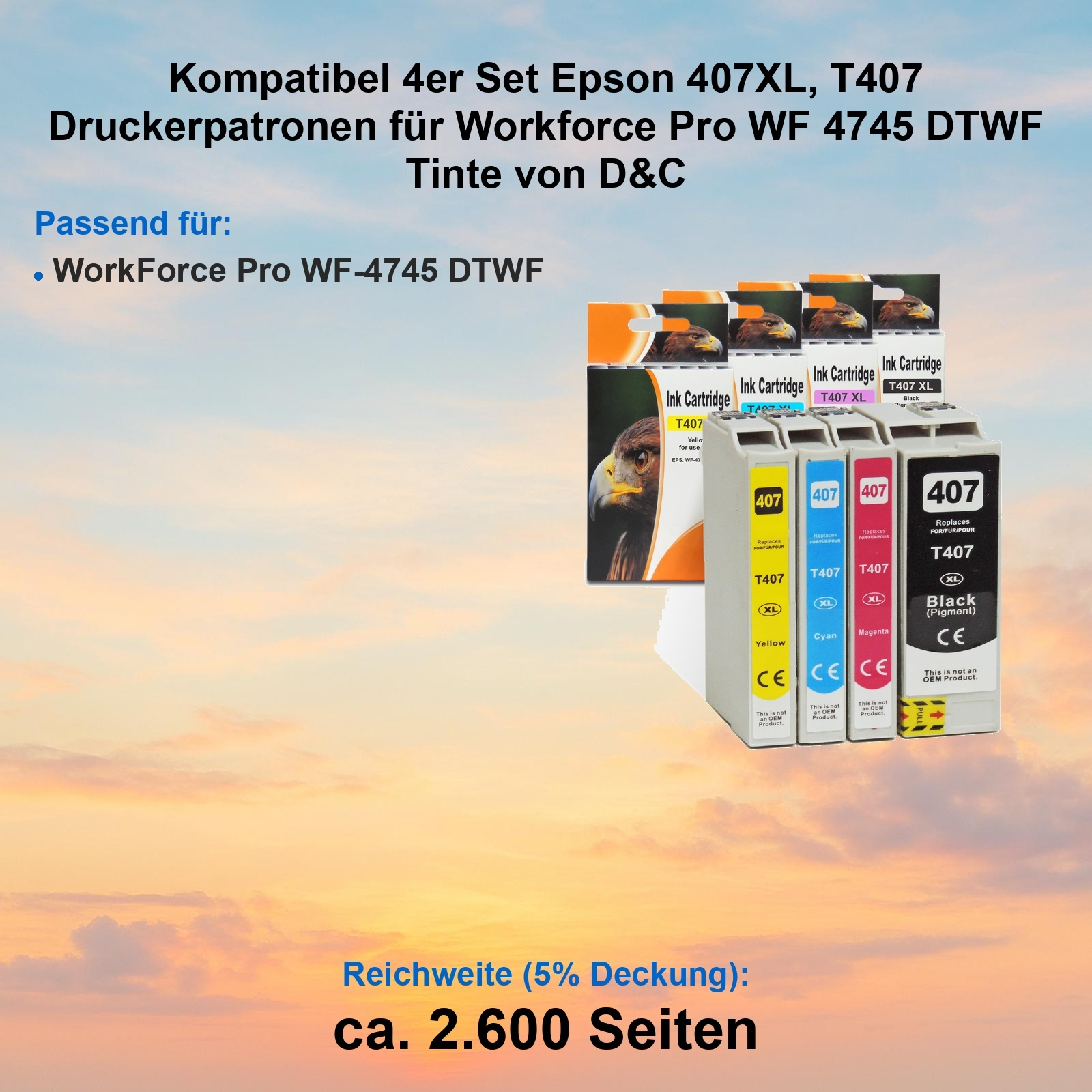 Tintenpatronen, gelb, cyan, magenta und schwarz, für Epson-Drucker. Text auf den Patronen und im Hintergrund.