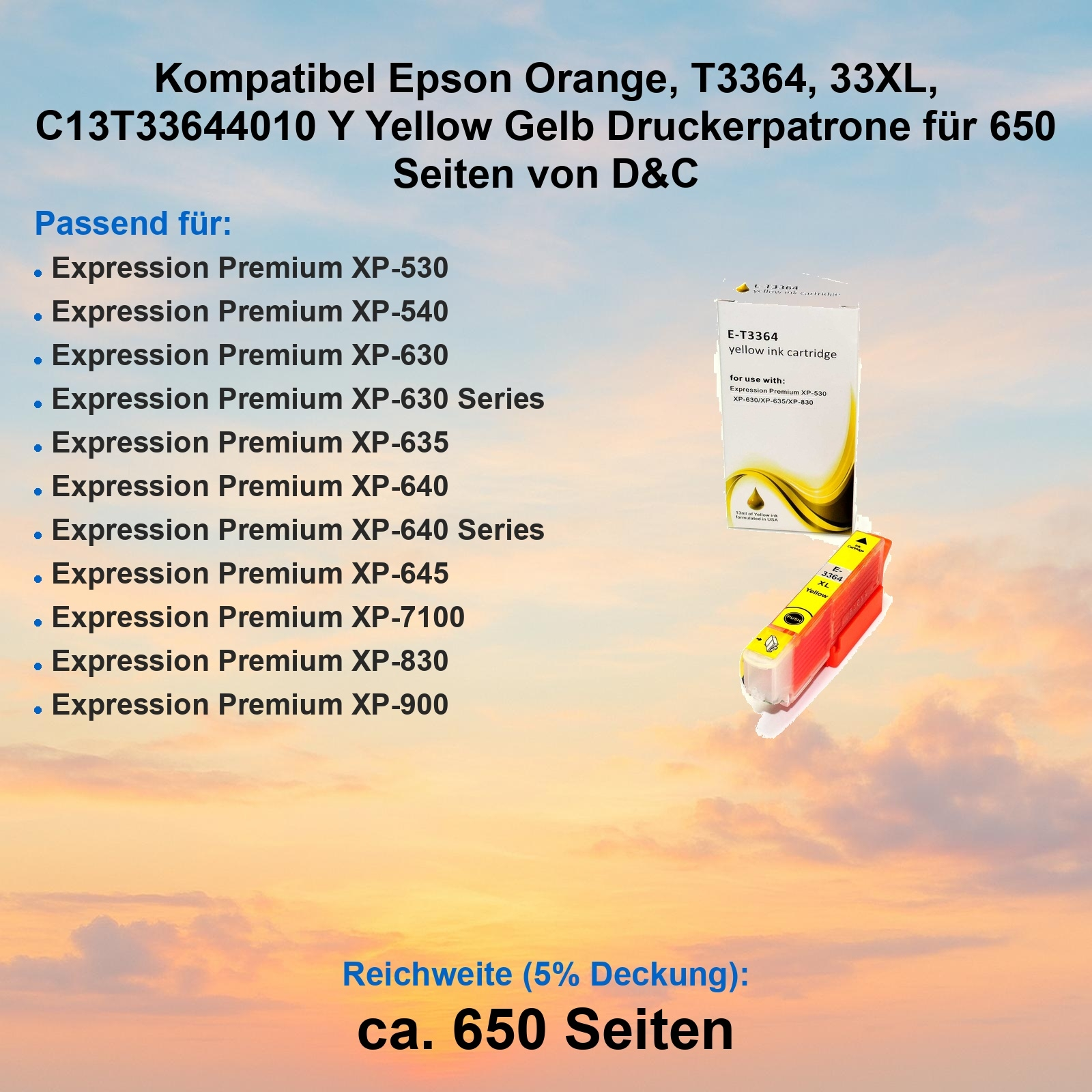 Das Bild zeigt eine gelbe Epson-Tintenpatrone mit Produktdetails und einer Liste kompatibler Drucker.