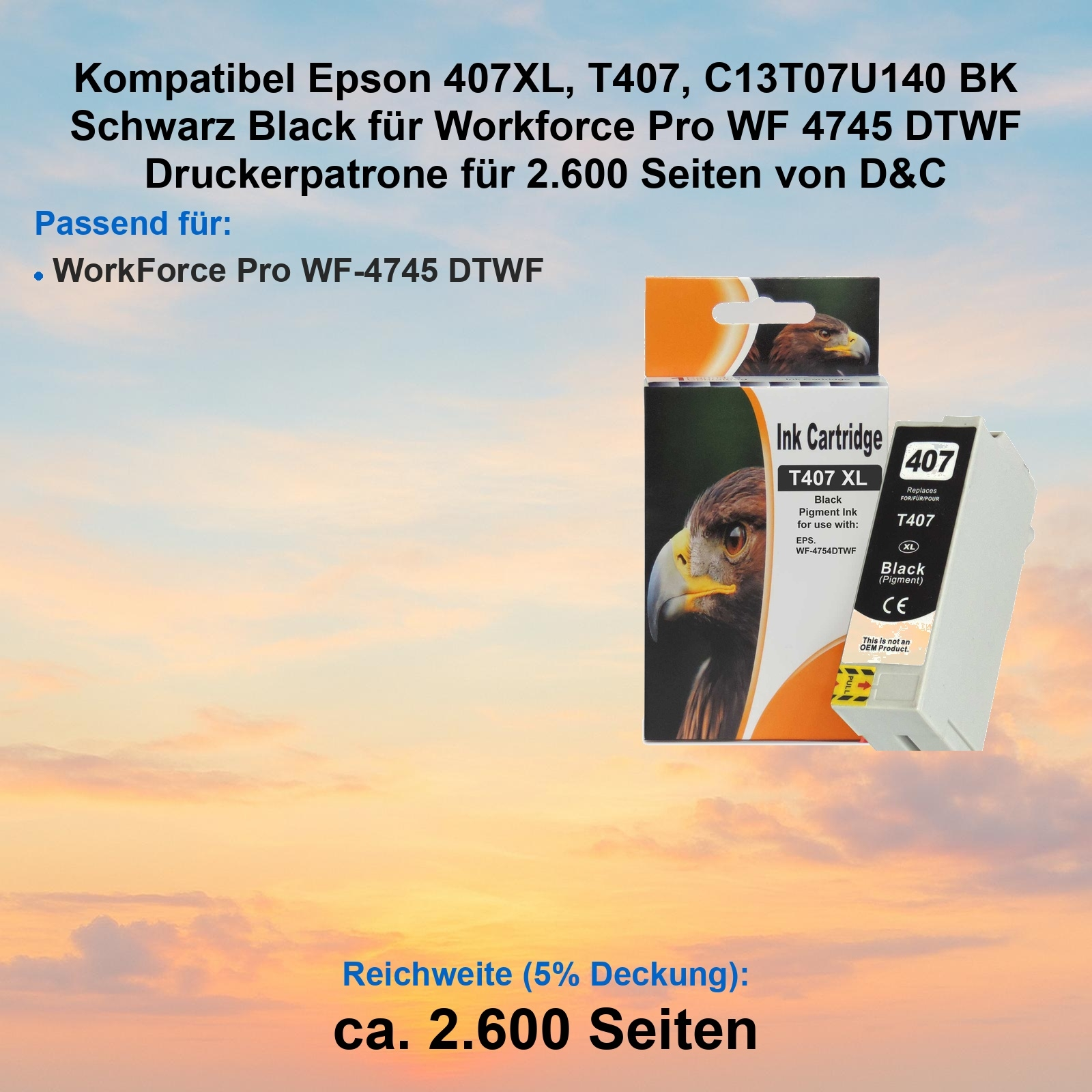 Tintenpatrone, Box und Patrone. Enthält Produktdetails und ein Adlerbild. Hintergrund ist ein farbiger Himmel.