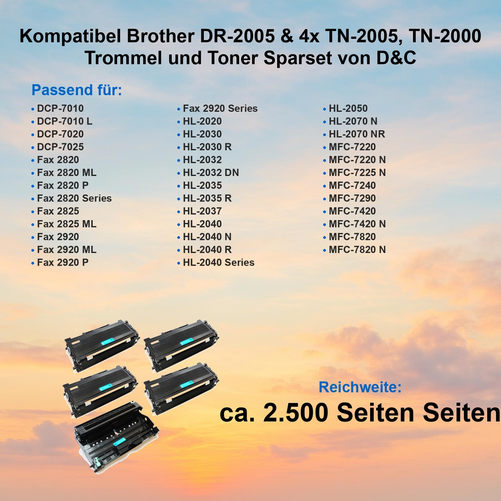 Das Bild zeigt kompatible Brother-Tonerkartuschen und eine Liste kompatibler Druckermodelle.