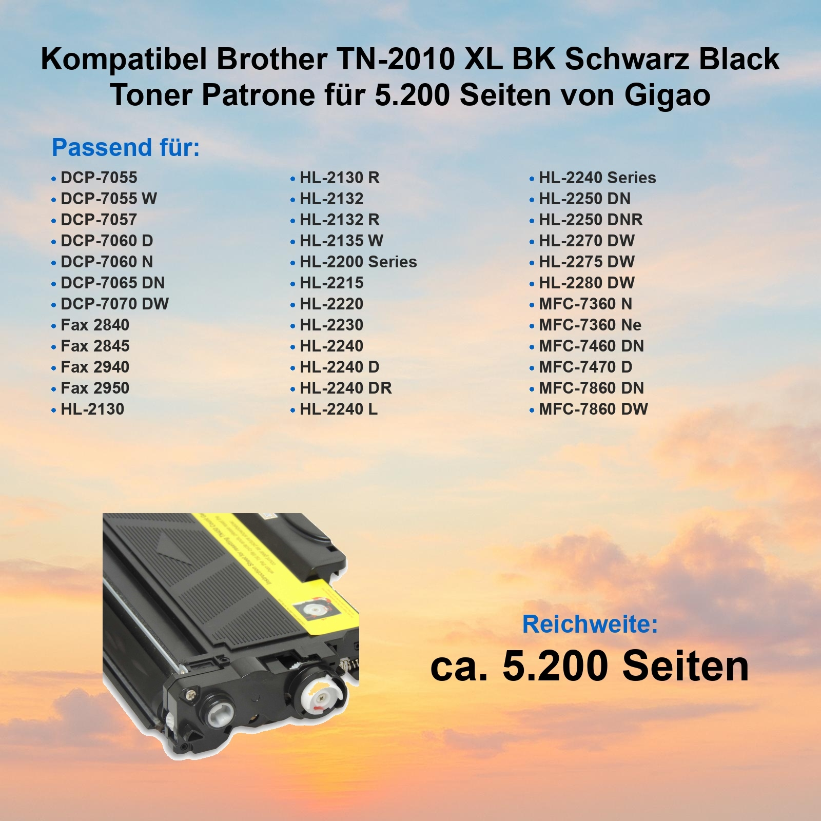 Das Bild zeigt eine schwarze Tonerkartusche mit Text über Kompatibilität und Seitenleistung.