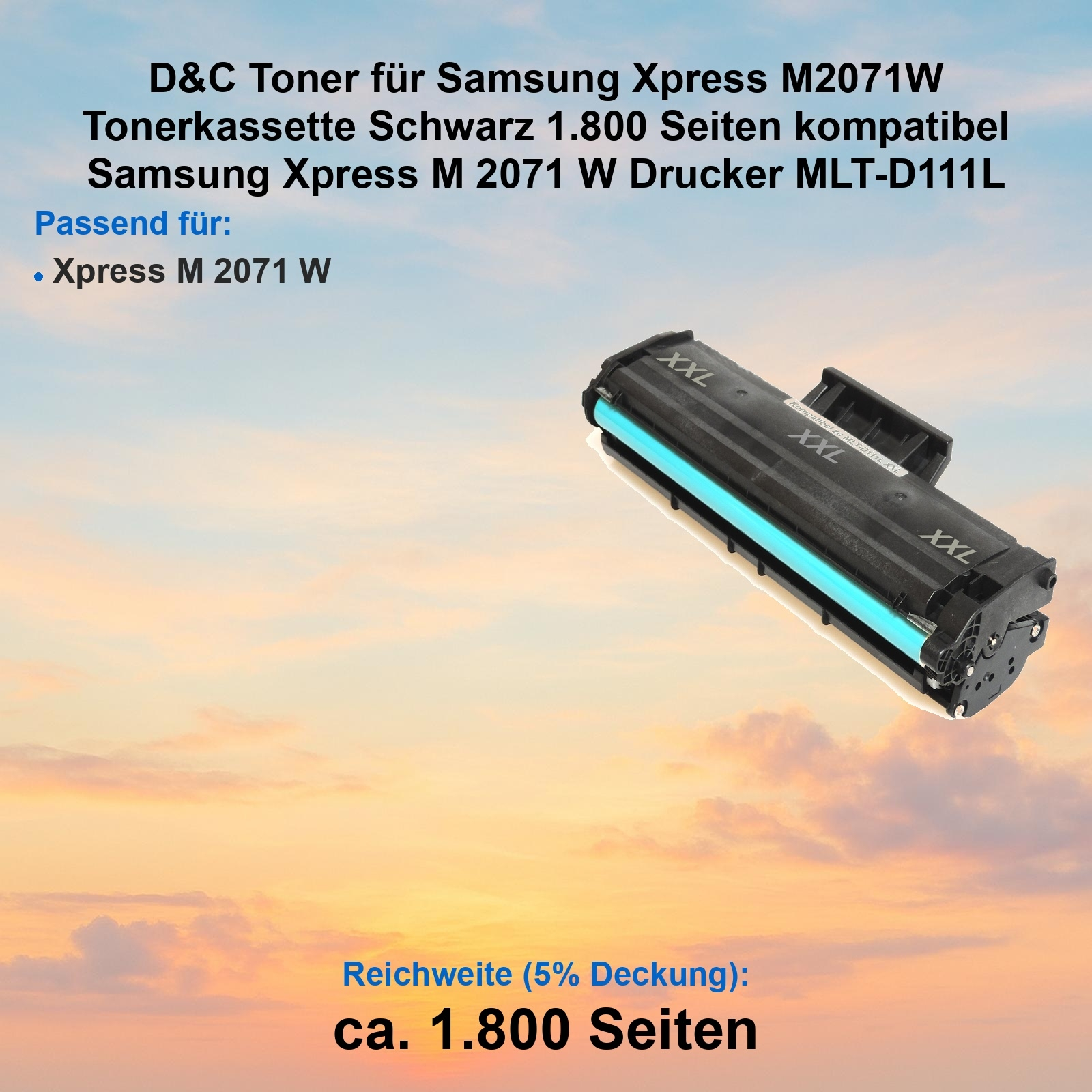 Eine Tonerkassette für Samsung-Drucker. Schwarz, mit blauem Inneren, vor einem Sonnenuntergangshimmel. Textdetails sind vorhanden.