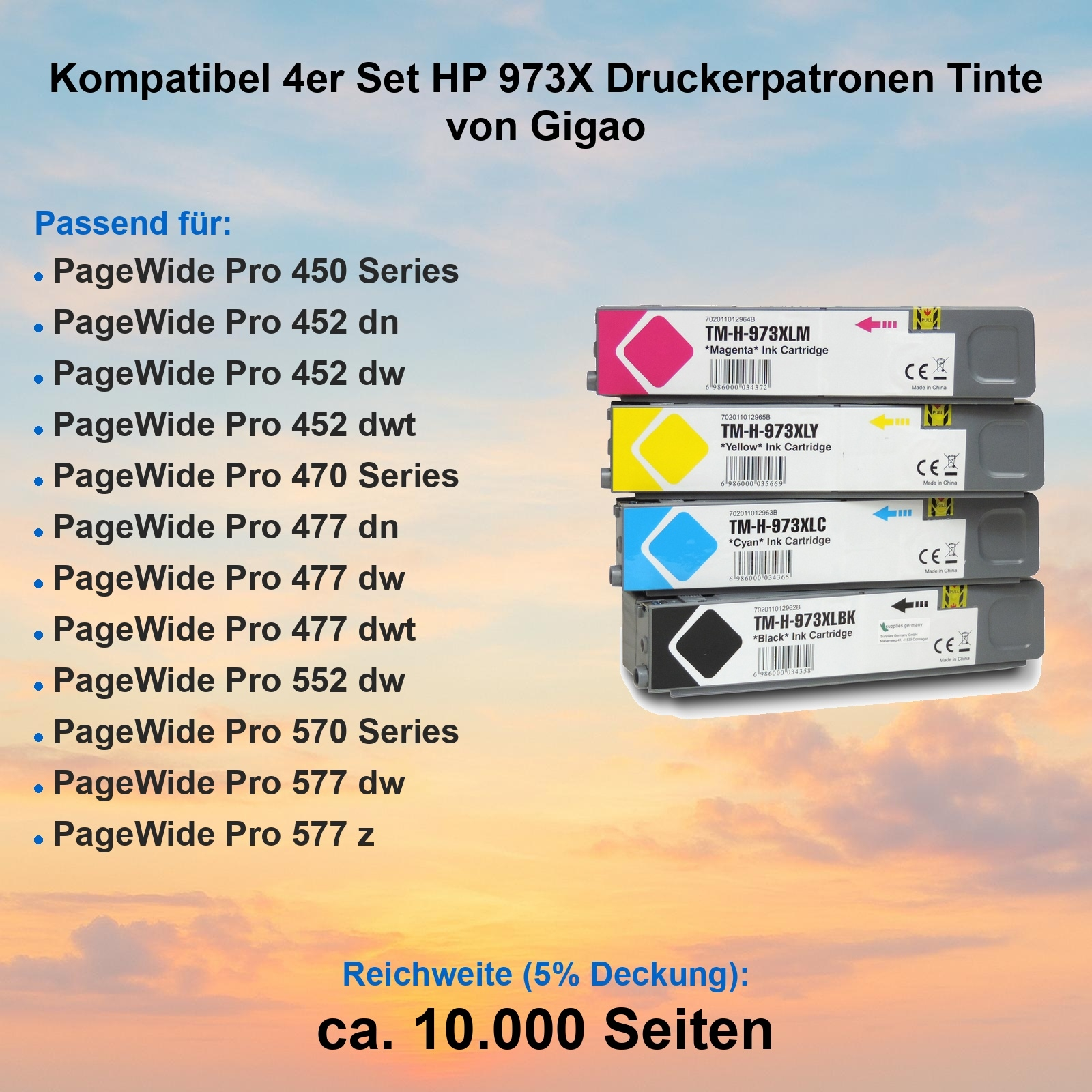 Vier Tintenpatronen gestapelt, Magenta, Gelb, Cyan und Schwarz, mit Produktinformationen. Hintergrund ist ein Sonnenuntergang.