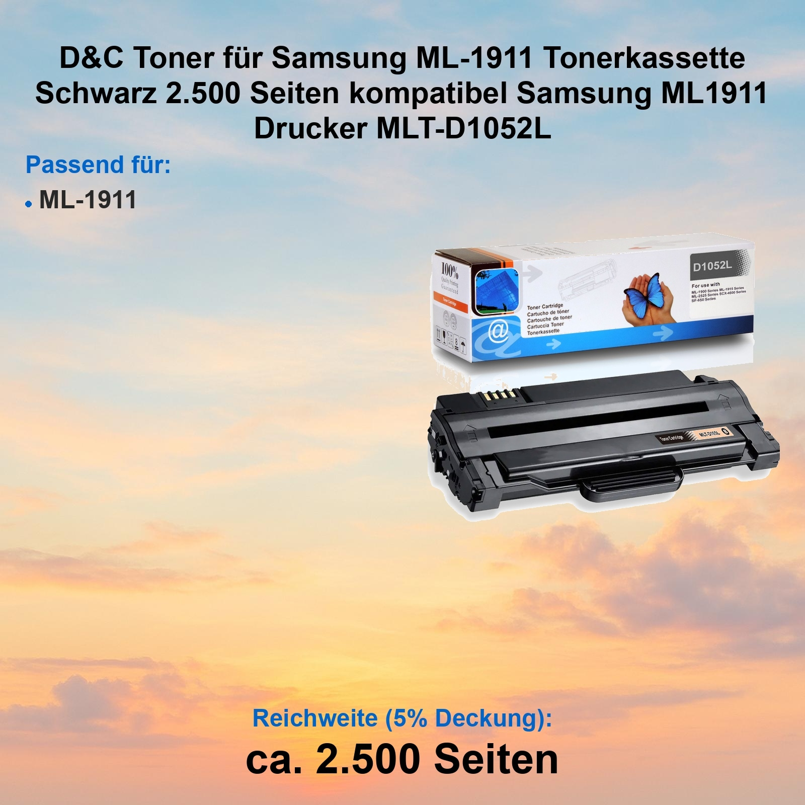 Bild zeigt eine Tonerkartuschenbox und -kartusche. Text weist auf das Produkt für Samsung ML-1911-Drucker hin.