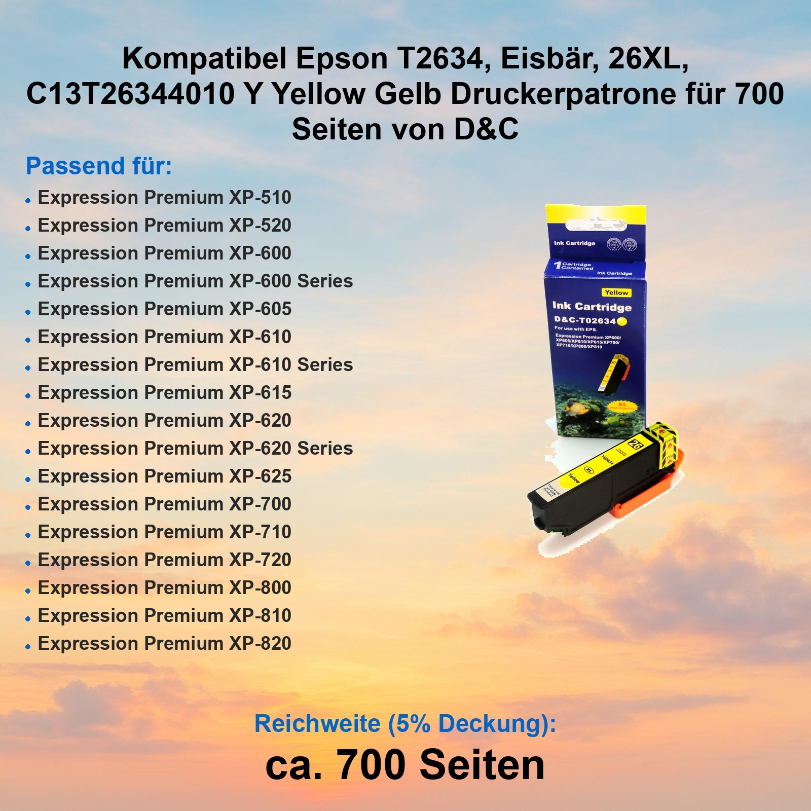 Eine Epson-Druckerpatrone. Gelbe Tinte wird angezeigt, und der Produktname ist sichtbar.