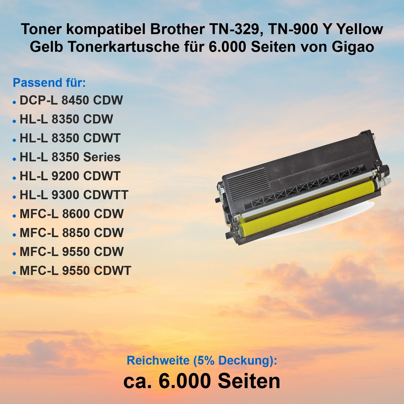 Gelbe Tonerkartusche für Brother-Drucker. Enthält schwarze Kartusche und Kompatibilitätsliste. Hintergrund: Himmel.