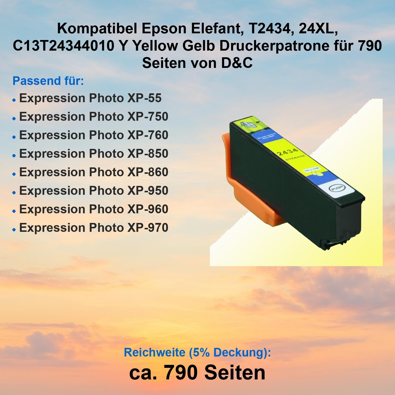 Eine Druckerpatrone mit Text befindet sich auf gelbem Hintergrund, mit orangefarbenem Halter und einem Himmelsverlauf.