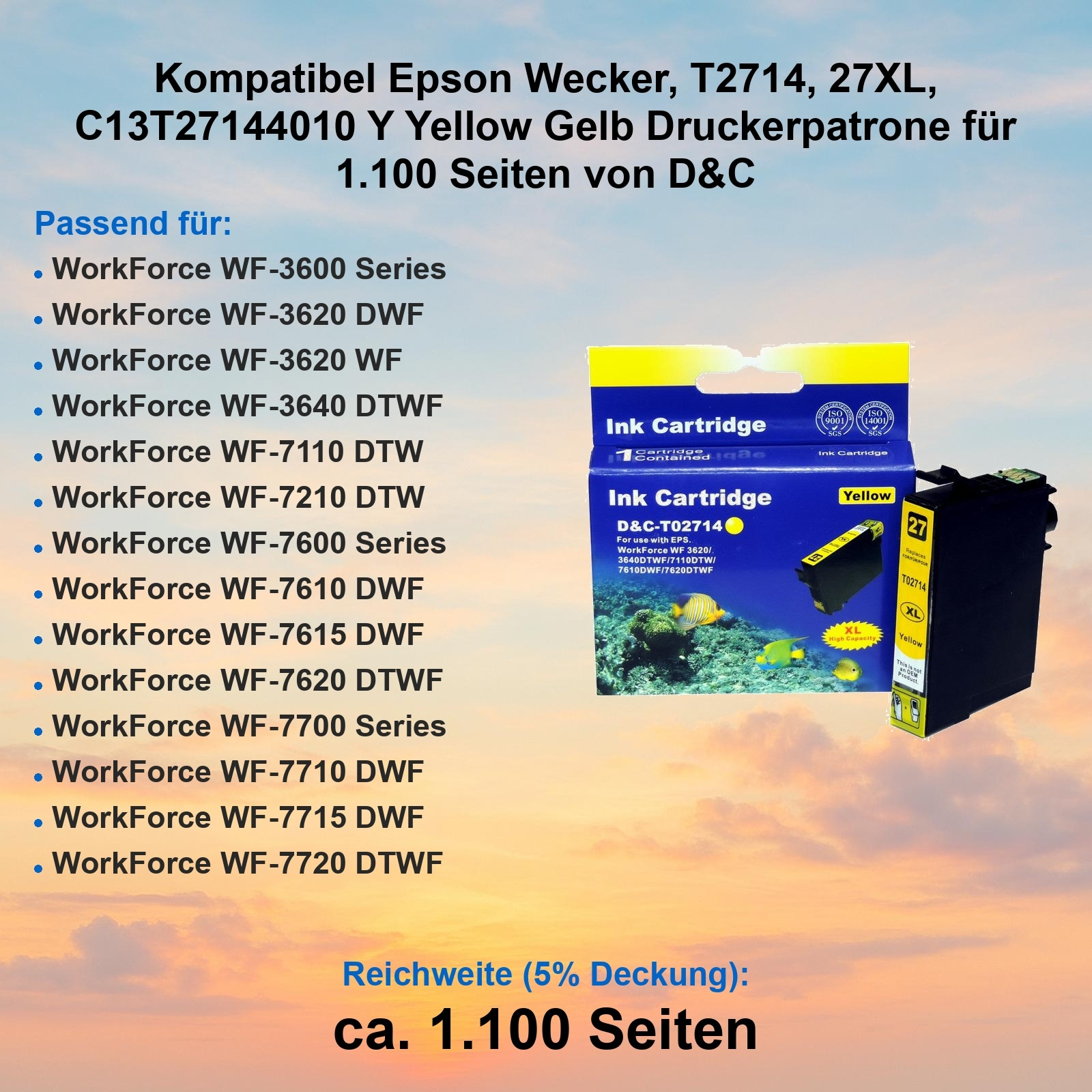 Gelbe Tintenpatrone mit Text, kompatible Druckermodelle aufgelistet und ein Bild von Fischen.