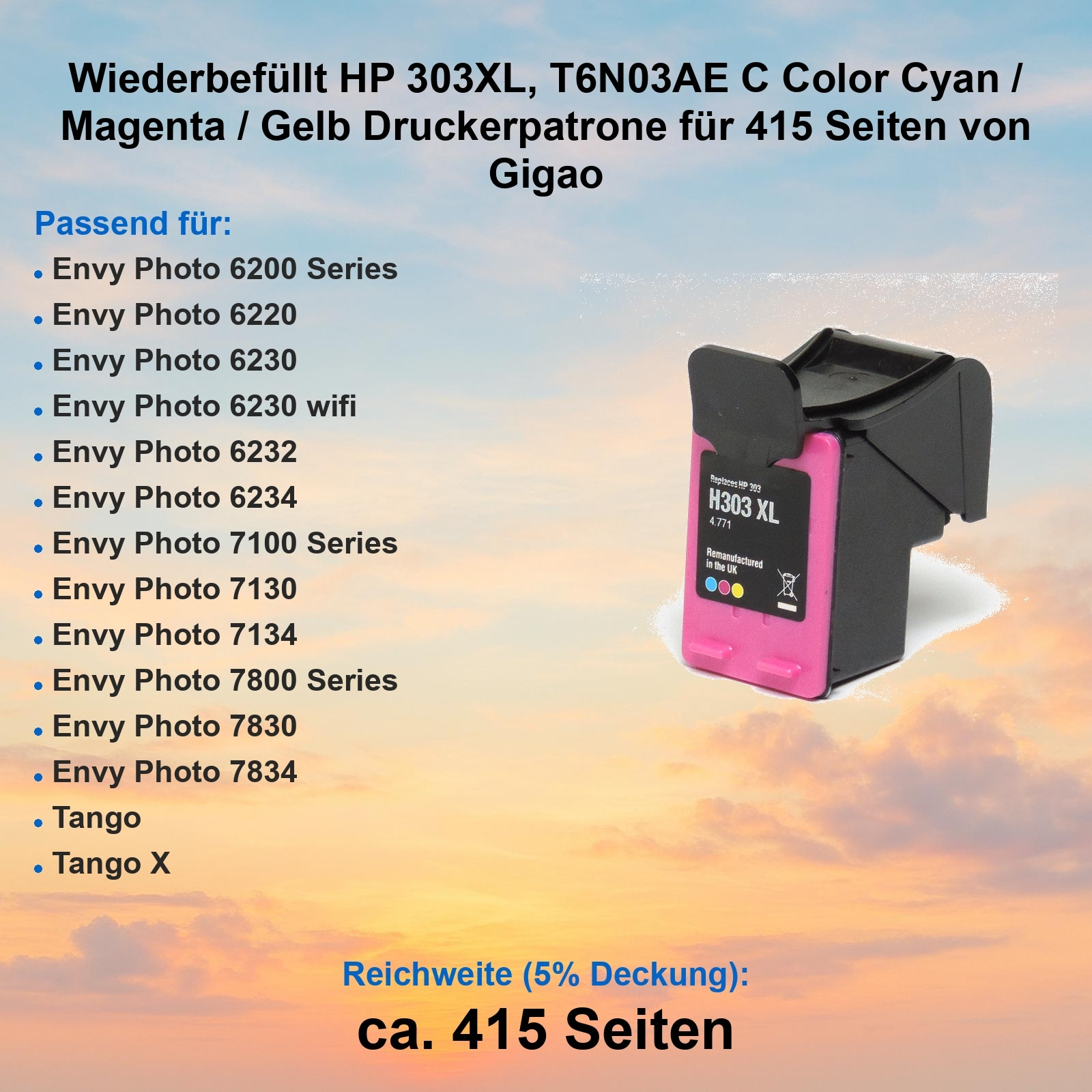 HP 303XL Tintenpatrone. Cyan, Magenta und Gelb. Kompatibel mit verschiedenen Envy Photo und Tango Druckermodellen.