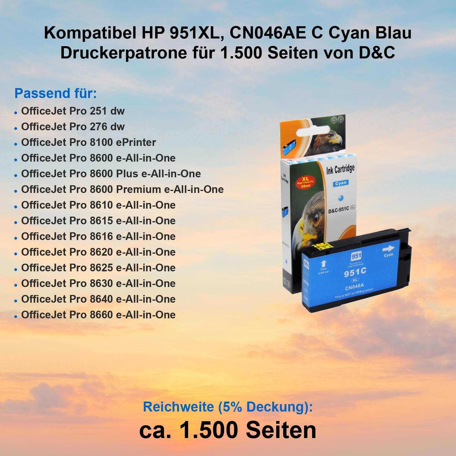 Cyan-Tintenpatrone für HP-Drucker mit Produktdetails und einer Box. Text auf Deutsch und Englisch.