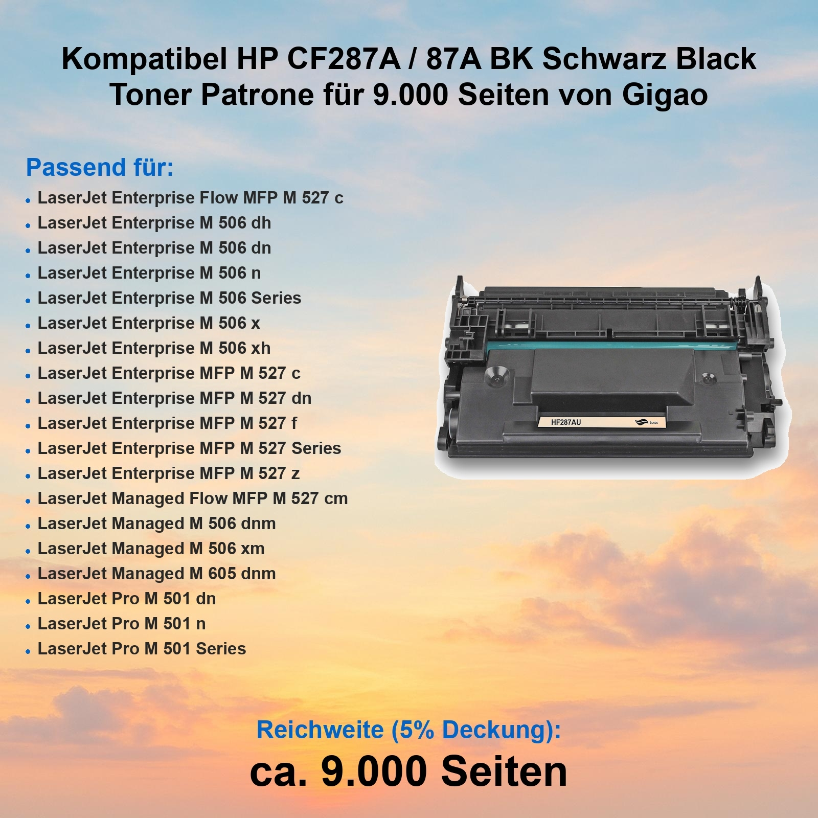 Das Bild zeigt eine schwarze Tonerkartusche für HP-Drucker, mit einer Liste kompatibler Modelle und Seitenleistung.