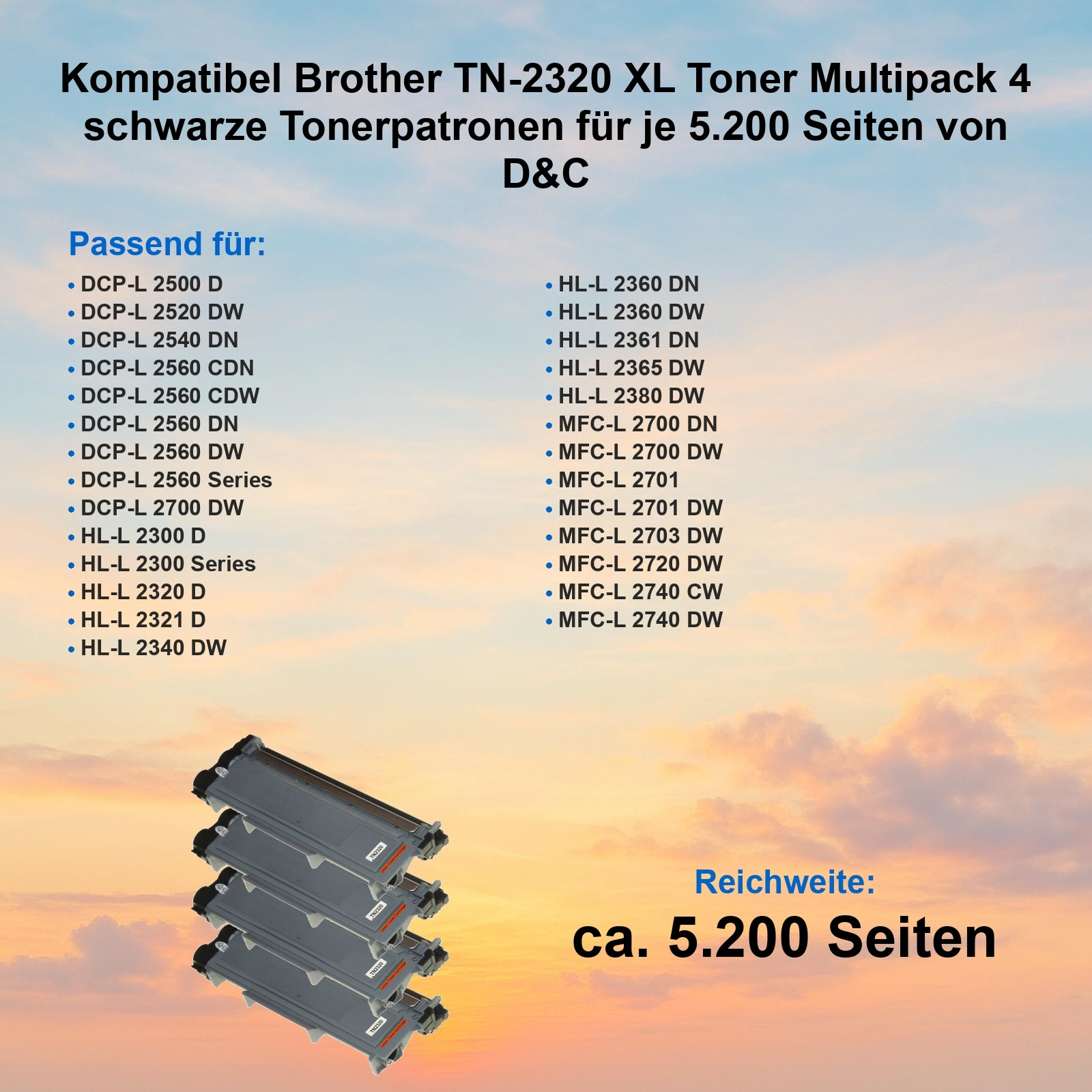 Bild zeigt vier schwarze Tonerkartuschen, Produktdetails und eine Liste kompatibler Druckermodelle.