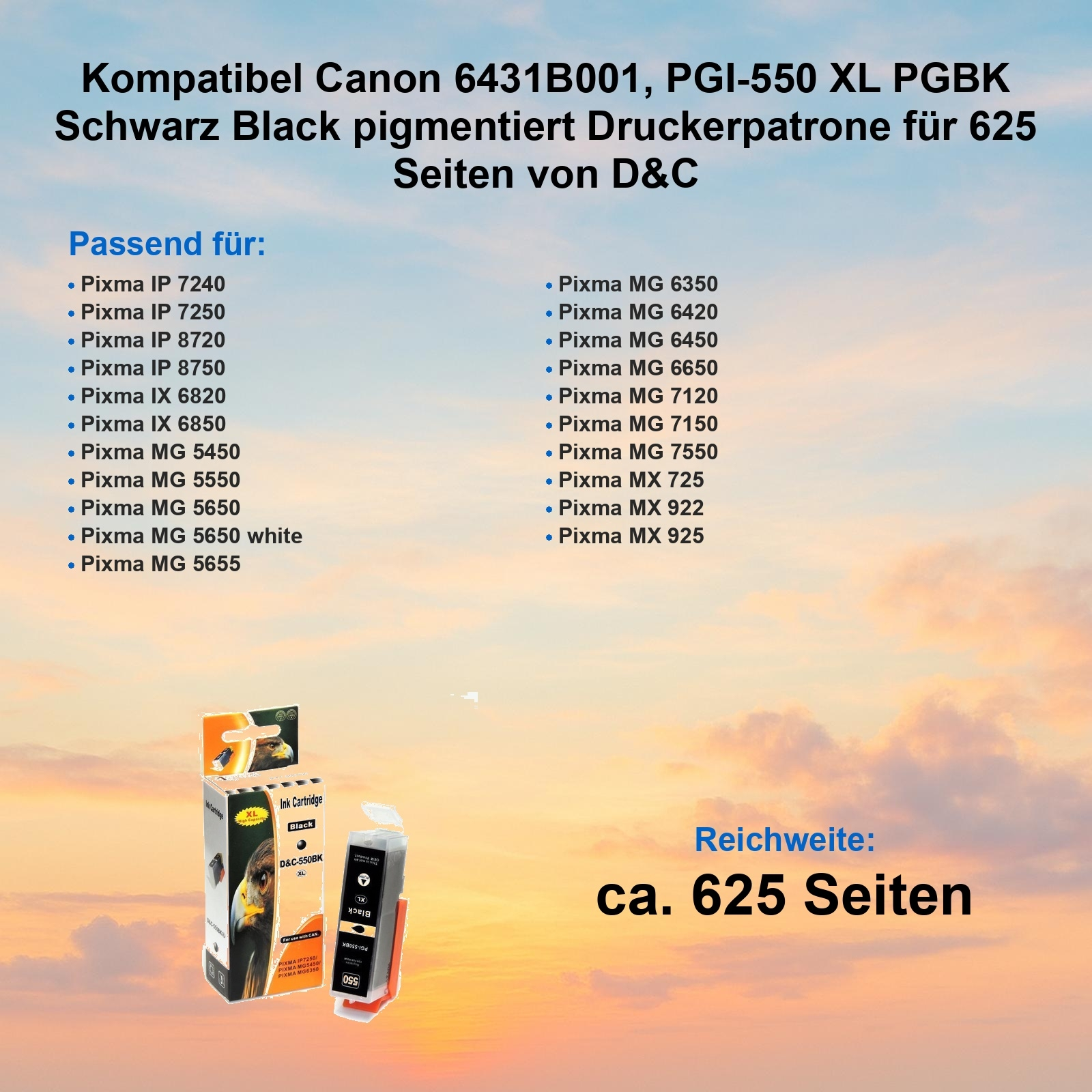 Das Bild zeigt eine schwarze Tintenpatronenbox mit deutschem Text. Listet Druckermodelle und Seitenleistung.