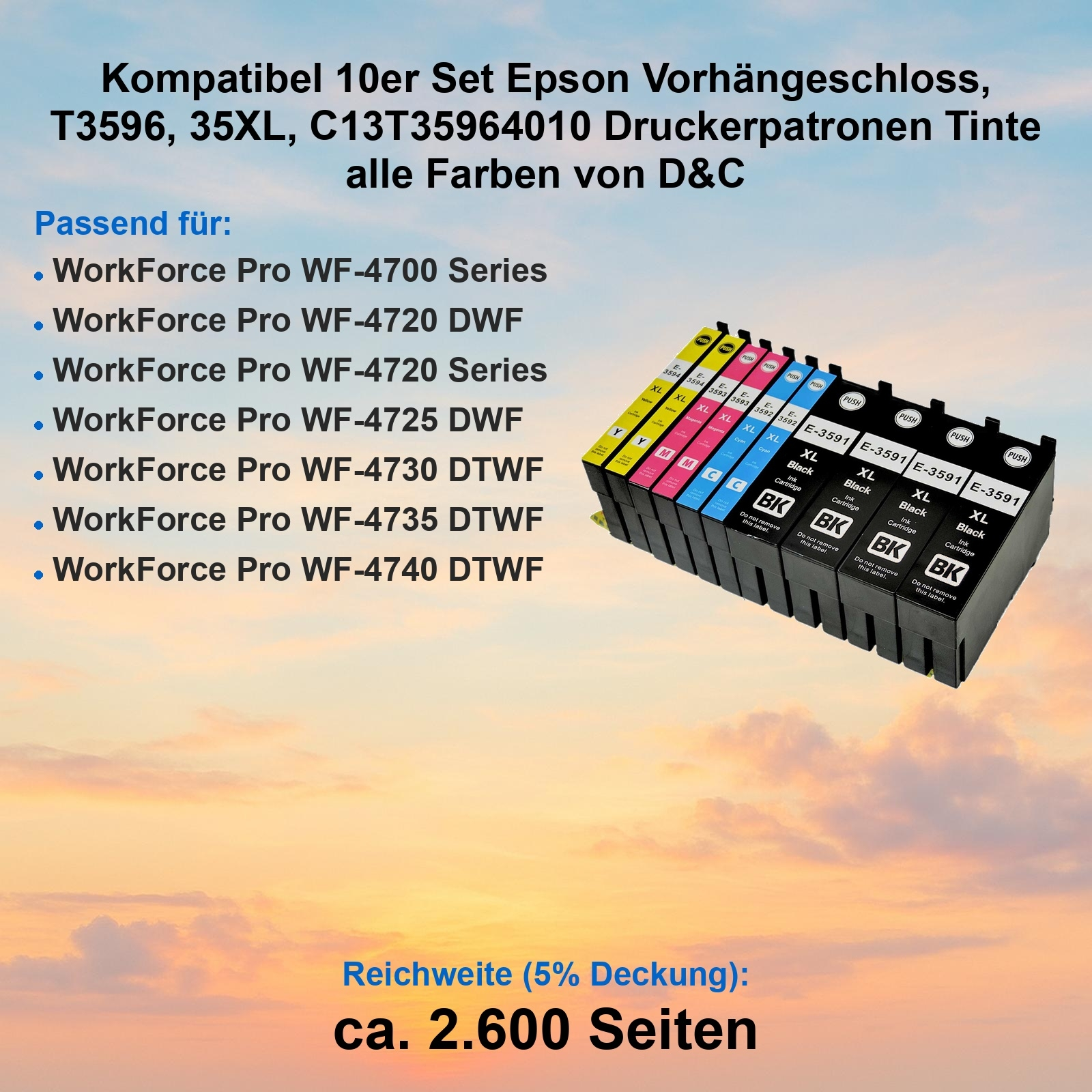 Tintenpatronen in verschiedenen Farben, mit Produktinformationen auf der Box, vor einem himmelartigen Hintergrund.