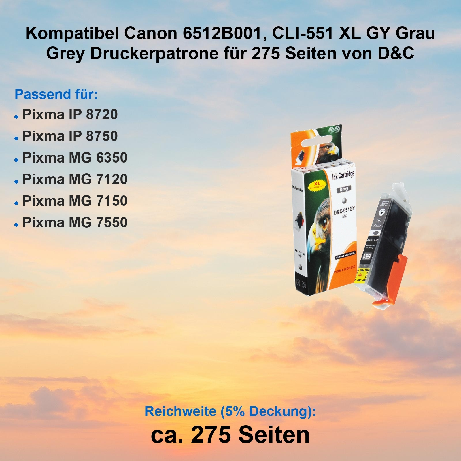 Tintenpatrone und Patrone auf Sonnenunterganghintergrund. Deutscher Text listet kompatible Drucker.