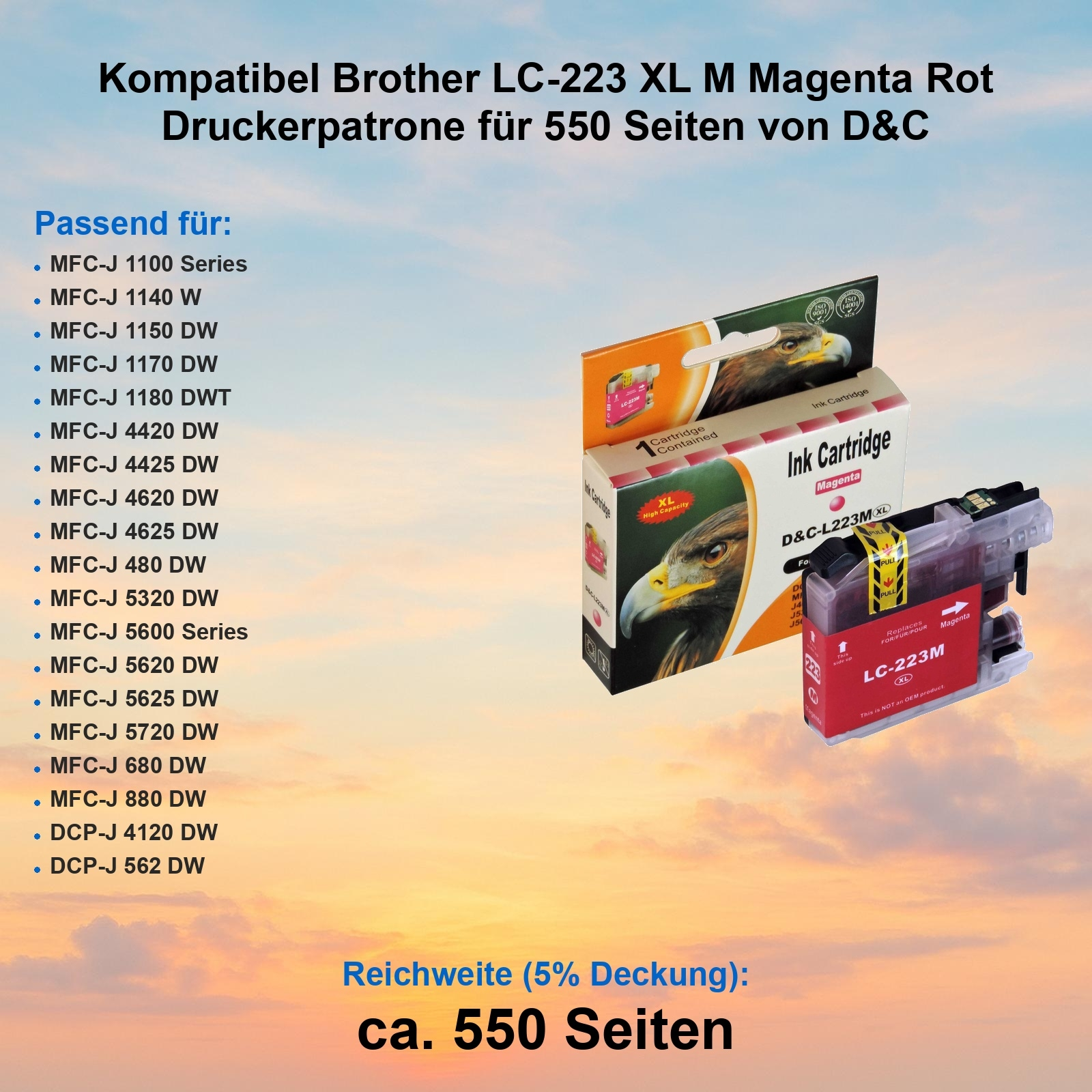Das Bild zeigt eine magenta Tintenpatrone und ihre Verpackung. Text enthält Druckerkompatibilität und Seitenzahl.