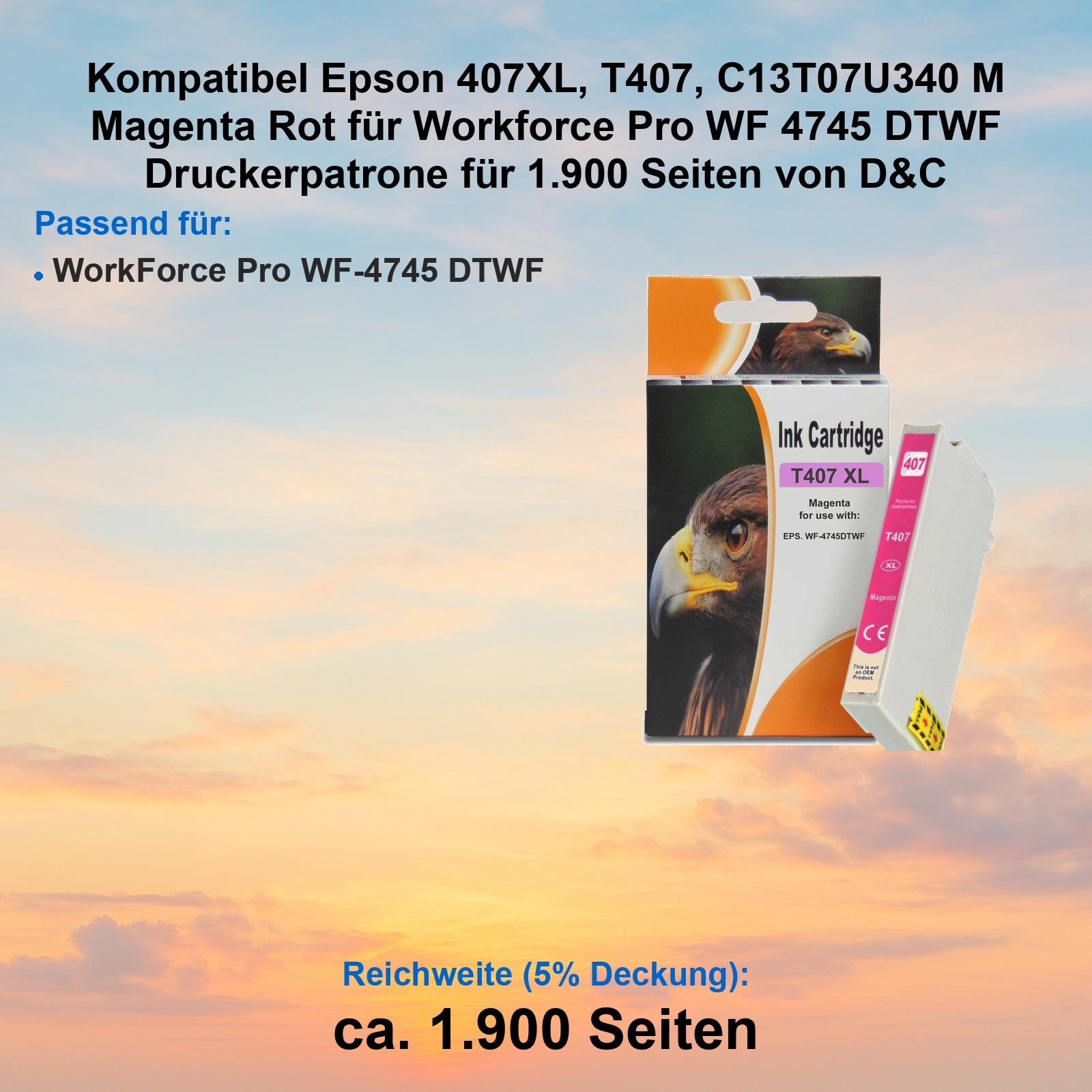 Tintenpatronenbox mit Adler und Text. Die Box ist orange und schwarz. Eine magenta Tintenpatrone liegt daneben.